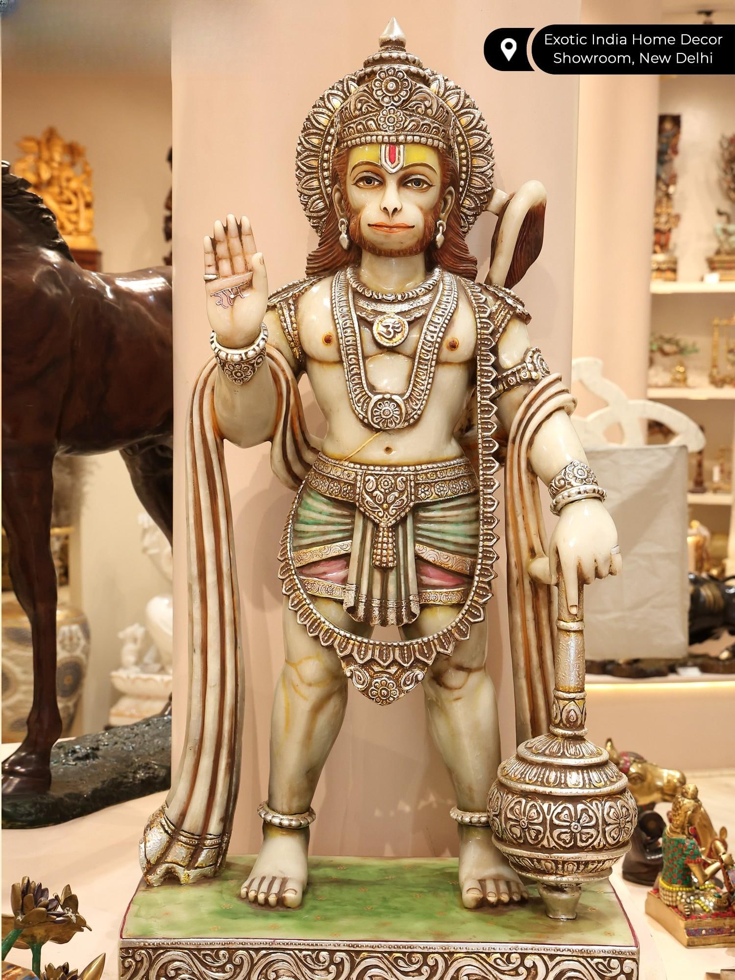 44" Standing Bajarangabali Hanuman in Blessing Gesture | White Marble Statue - 2