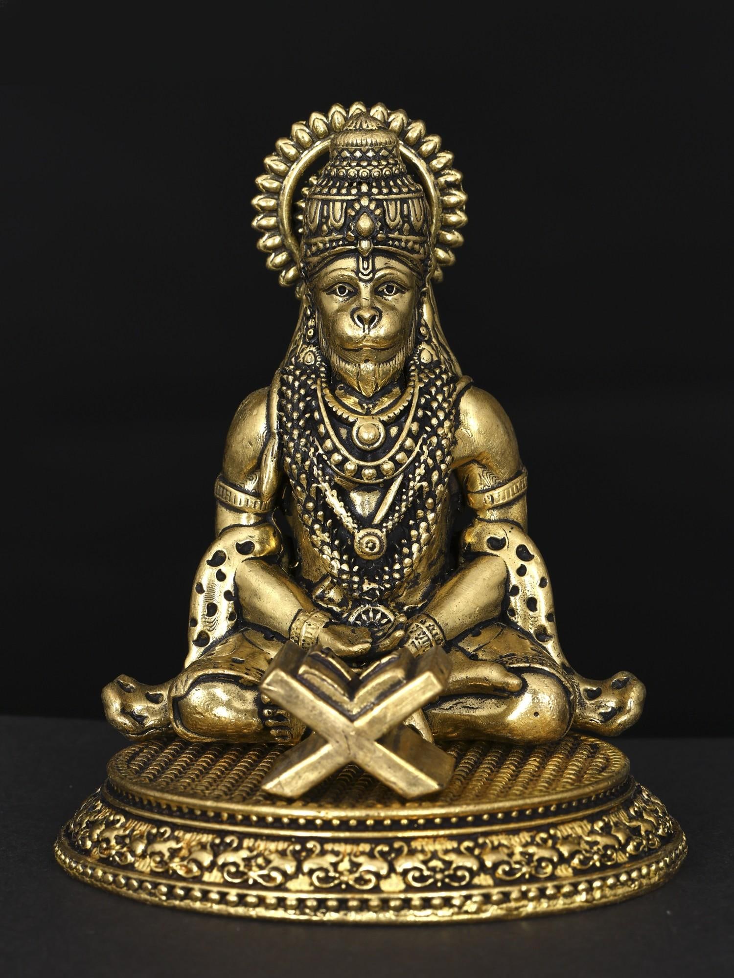 3" Small Superfine Lord Hanuman Meditating with Ram Naam Book | Brass Statue (1 of 2)