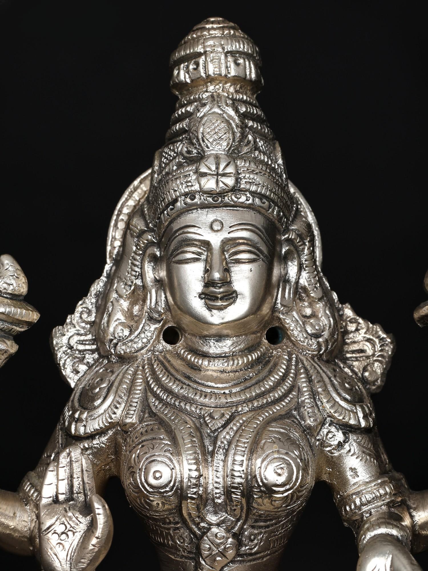 8" Four Armed Blessing Goddess Lakshmi | Silver Plated Brass Statue - 2