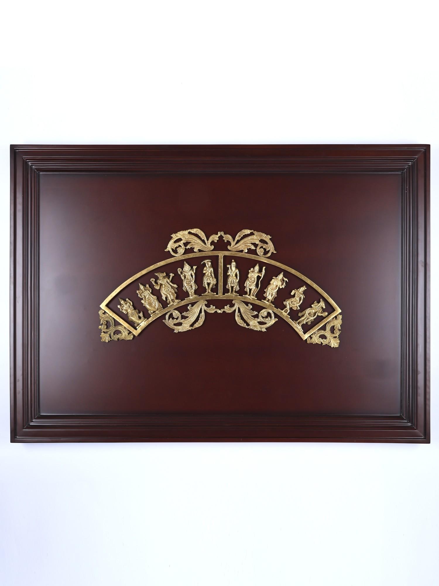 41" Semicircular Dashavatara of Lord Vishnu | Hoysala Bronze | Wood Framed Sculpture | Wall Hanging: Title: 41" Semicircular Dashavatara of Lord Vishnu | Hoysala Bronze | Wood Framed Sculpture | Wall Hanging Additional Information: itemcode: DDN645 Reserve: $797.00 Shipping: Domestic: Shipping rates 