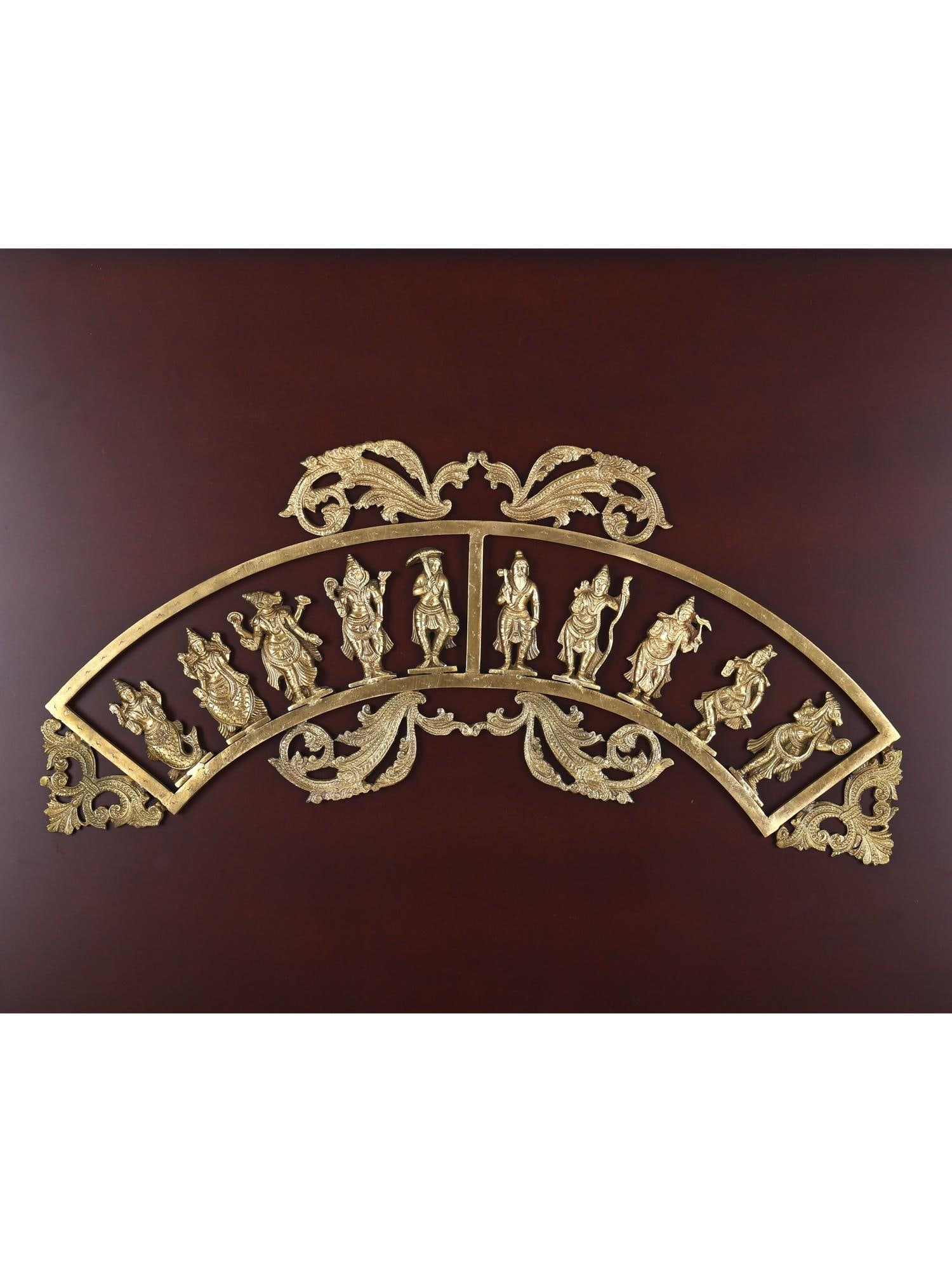 41" Semicircular Dashavatara of Lord Vishnu | Hoysala Bronze | Wood Framed Sculpture | Wall Hanging - 2