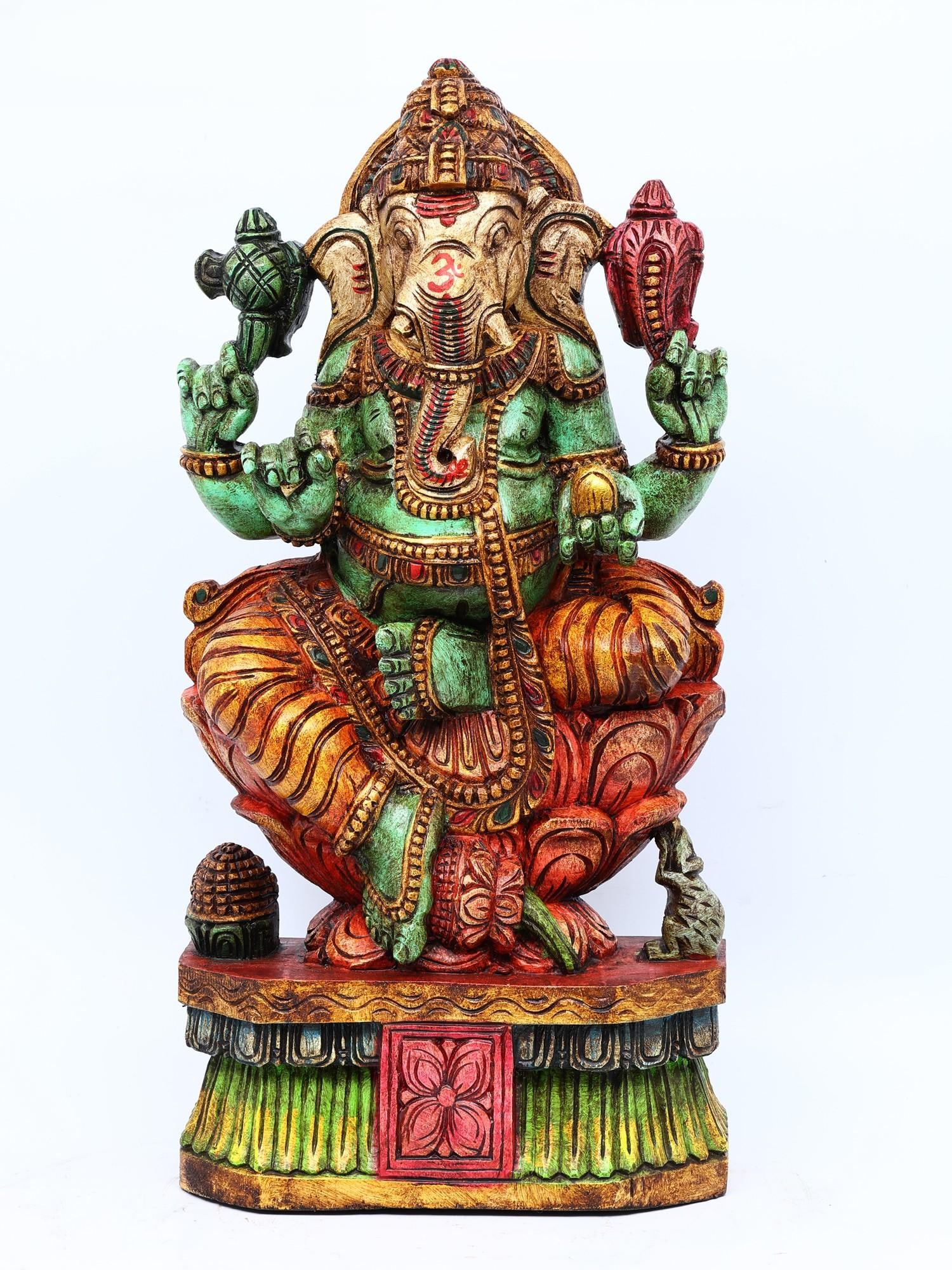 30" Colorful Four Armed Lord Ganesha Seated on Lotus | Wood Carving: Title: 30" Colorful Four Armed Lord Ganesha Seated on Lotus | Wood Carving Additional Information: itemcode: DDO217 Reserve: $781.00 Shipping: Domestic: Shipping rates are determined by destination In
