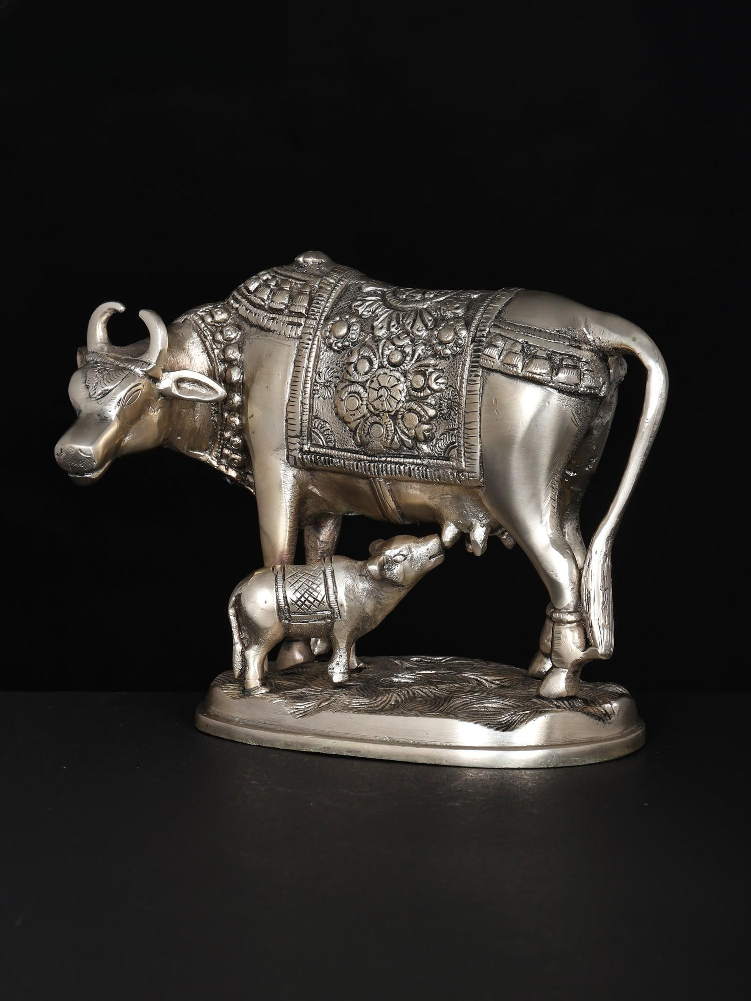 7" Cow and Calf | Silver Plated Brass Statue - 2