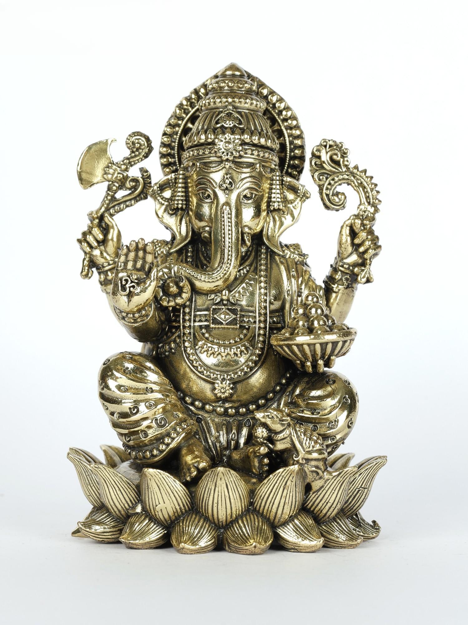 Small Superfine Four-Armed Lord Ganesha Brass Statue Seated on Lotus: Description: The dotting child of Uma-Maheshwara, Lord Ganesha in this icon radiates an innocence that is divine. The elephant head of Ganesha is animated with beautiful eyes and a curving trunk,