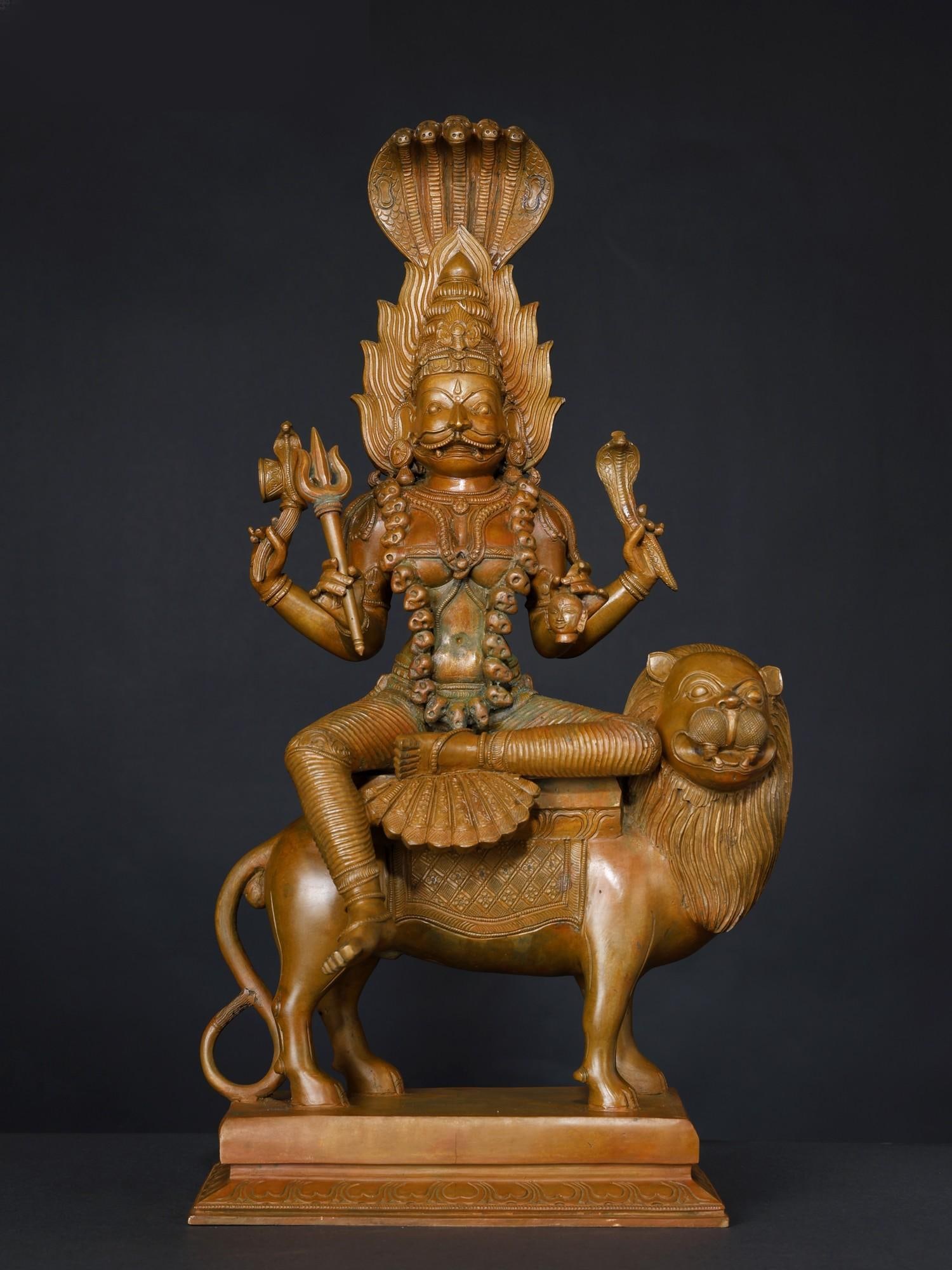 20" Superfine Goddess Pratyangira (Atharvana Bhadrakali) /Artisans Bronze Statue: Description: "Prati" (reverse) and "Angiras" (attack)- Pratyangira is the goddess who guards against the attack of enemies, seen and unseen. A Teevra (ferocious) deity, goddess Pratyangira is a