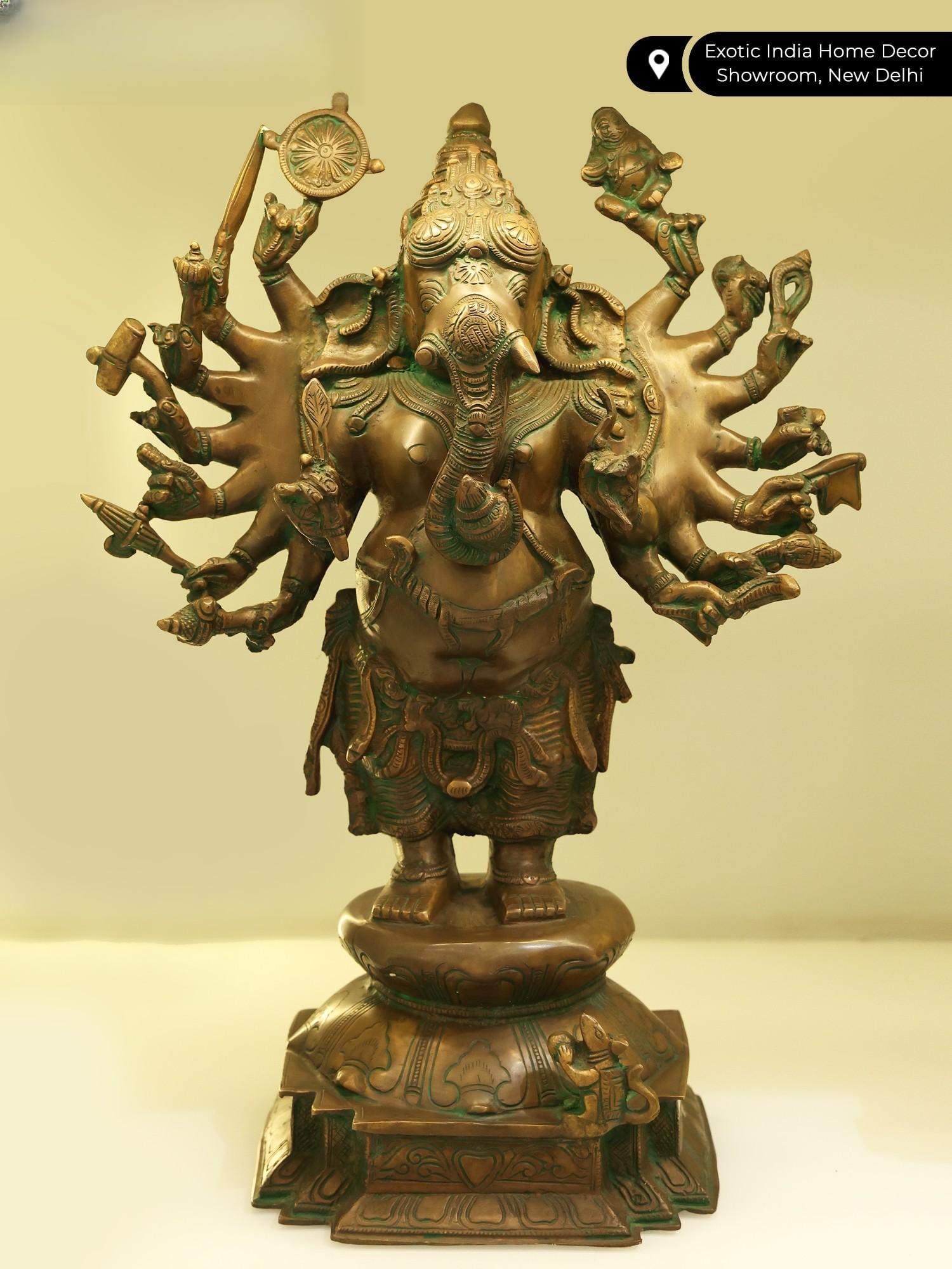19" Sixteen Armed Vira-Ganesha /Brass Statue - 2