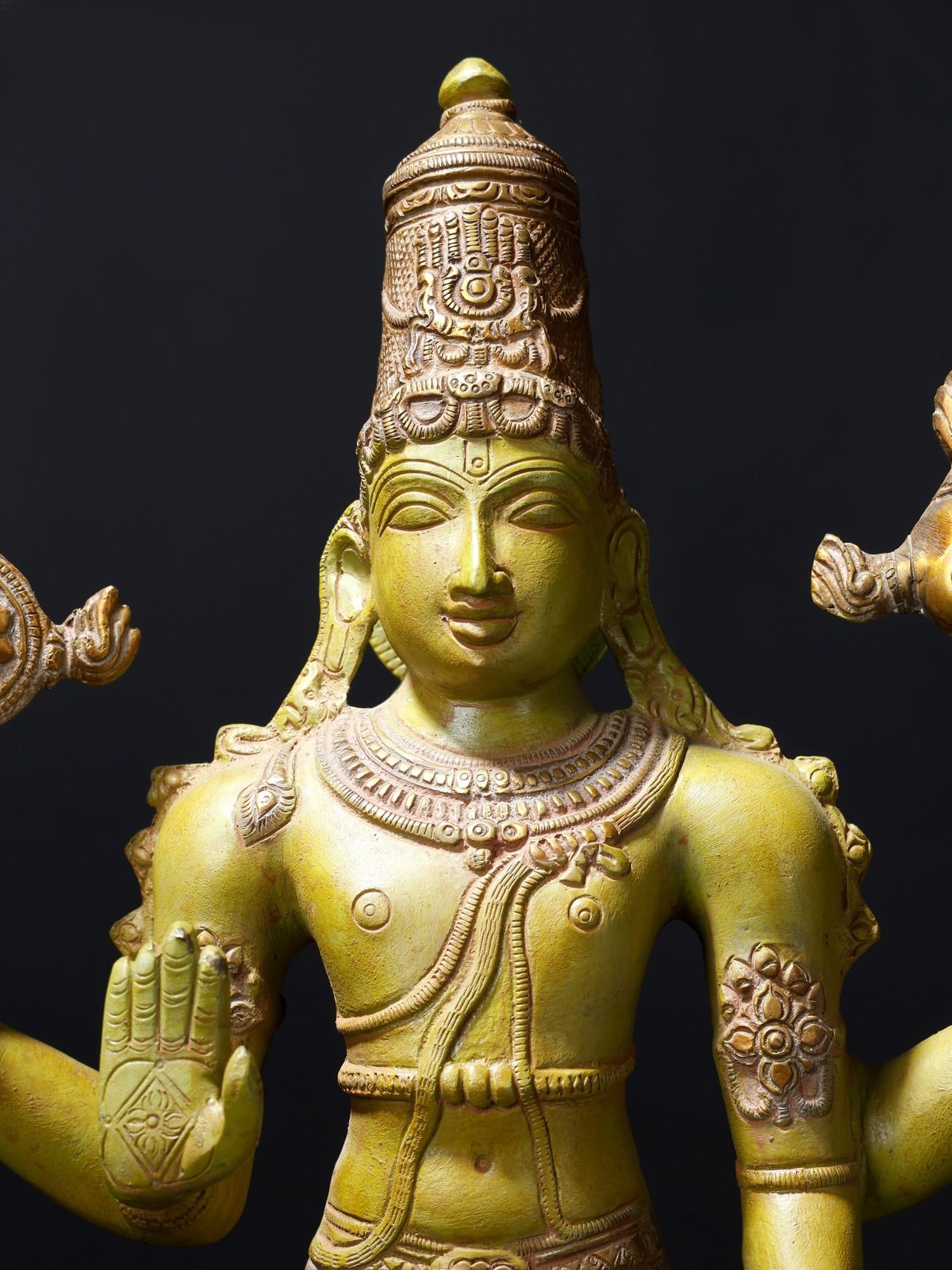 19" Four-Armed Blessing Lord Vishnu Brass Statue /Hindu God Figurine - 2