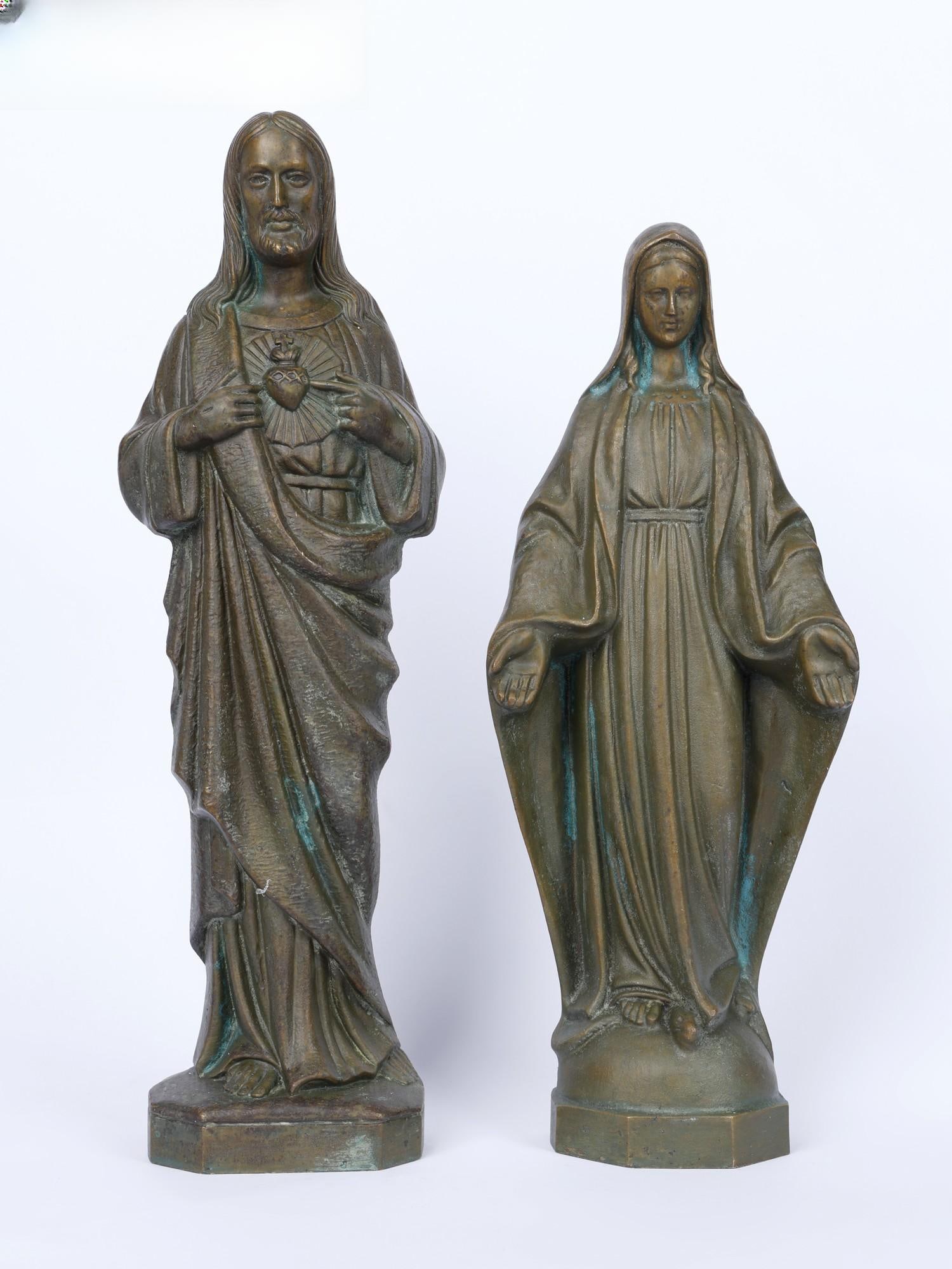 15" Jesus Christ with Mother Mary /Pair of Two Bronze Sculptures: Description: Jesus Christ with Mother Mary is a vision of divine love, piety, and compassion- that saves the soul of the devout. A central image in the Christian faith, Jesus with Mary is presented in