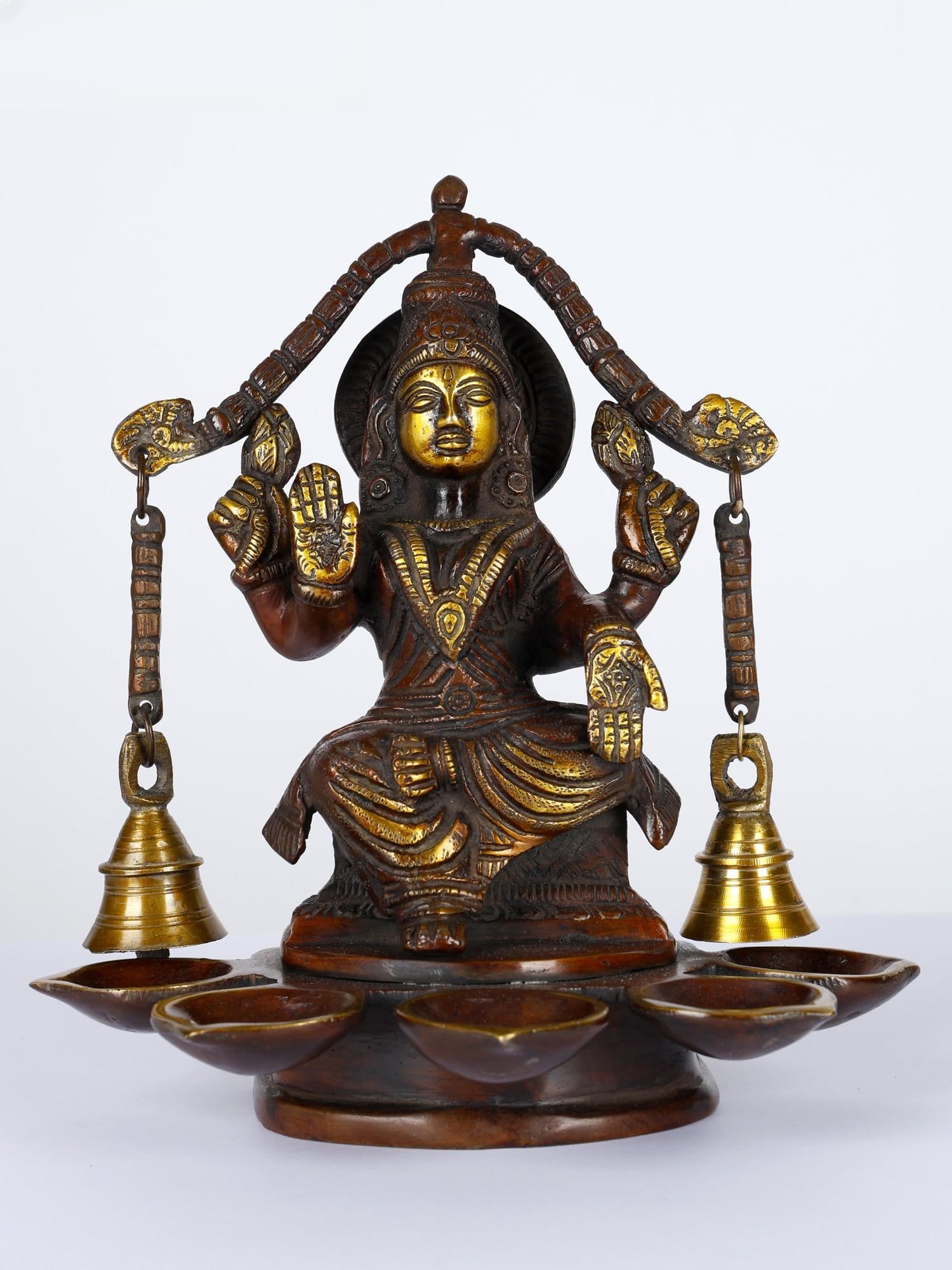 8" Brass Goddess Lakshmi Five Wicks Lamp with Bells: Description: --- Additional Information: itemcode: DDM372 Reserve: $171.00 Shipping: Domestic: Shipping rates are determined by destination International: Foreign shipping rates are determined by dest