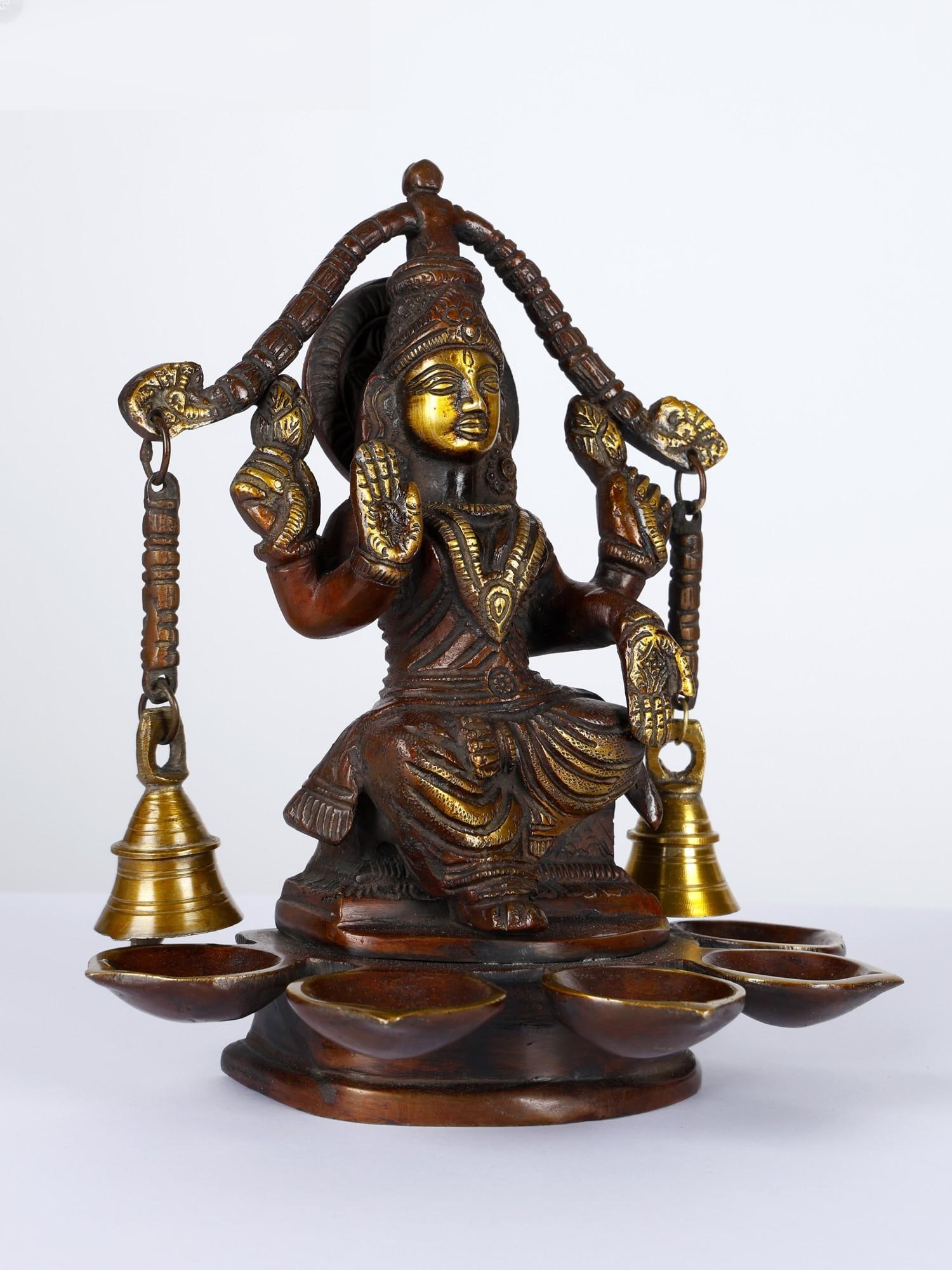 8" Brass Goddess Lakshmi Five Wicks Lamp with Bells - 2