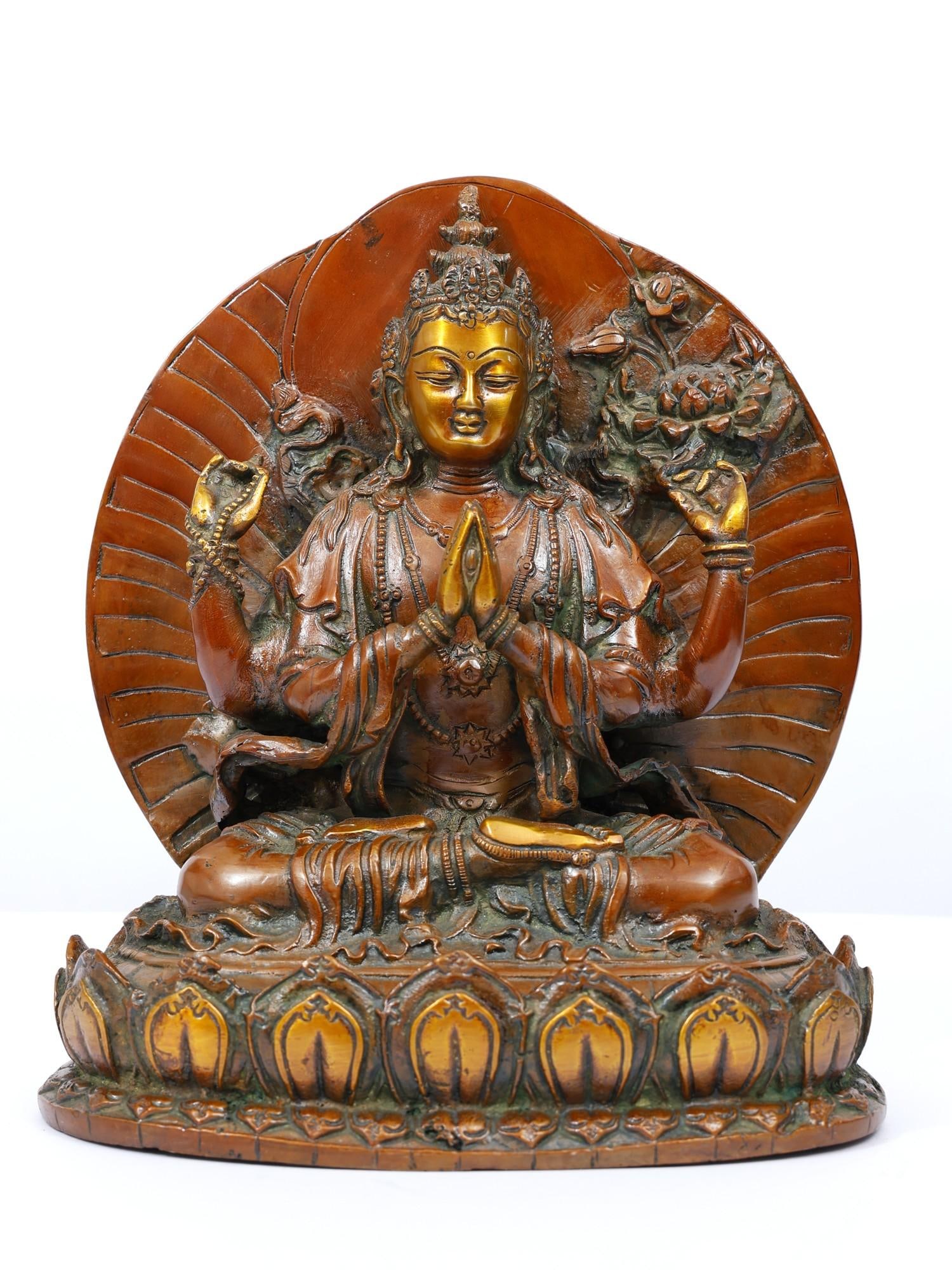 9" Tibetan Buddhist Deity Chenrezig Brass Statue /Four Armed Avalokiteshvara Idol: Description: This Chenrezig statue is a stunning symbol of compassion and enlightenment in Tibetan Buddhism. Depicted with four arms, representing his infinite reach, Chenrezig holds a wish-fulfilling