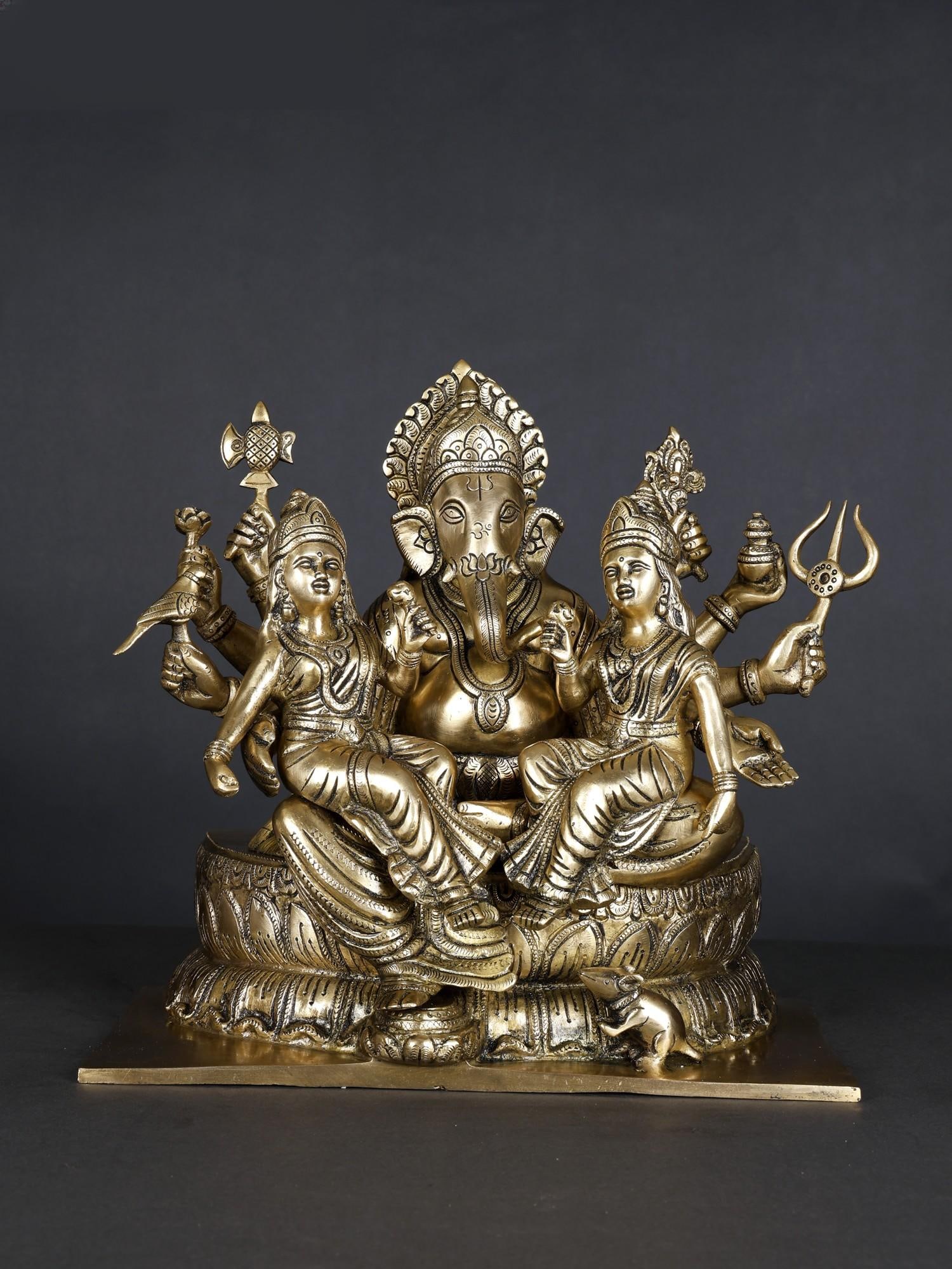13" Detailed Ganesha Brass Statue with Riddhi Siddhi Seated on Lotus Flower (1 of 2)