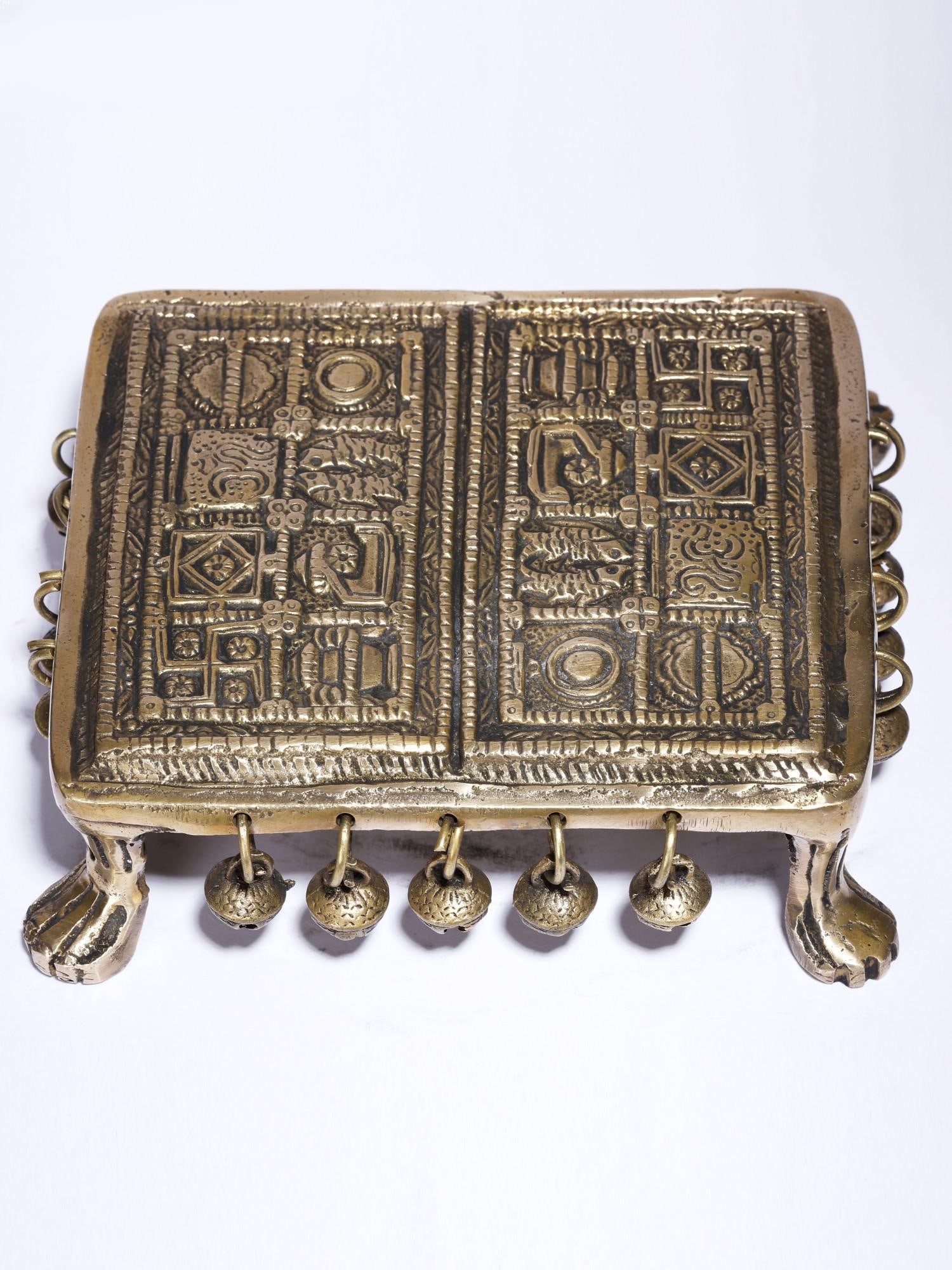 6" Brass Pedestal with Hindu Symbols: Description: --- Additional Information: itemcode: DDM422 Reserve: $130.00 Shipping: Domestic: Shipping rates are determined by destination International: Foreign shipping rates are determined by