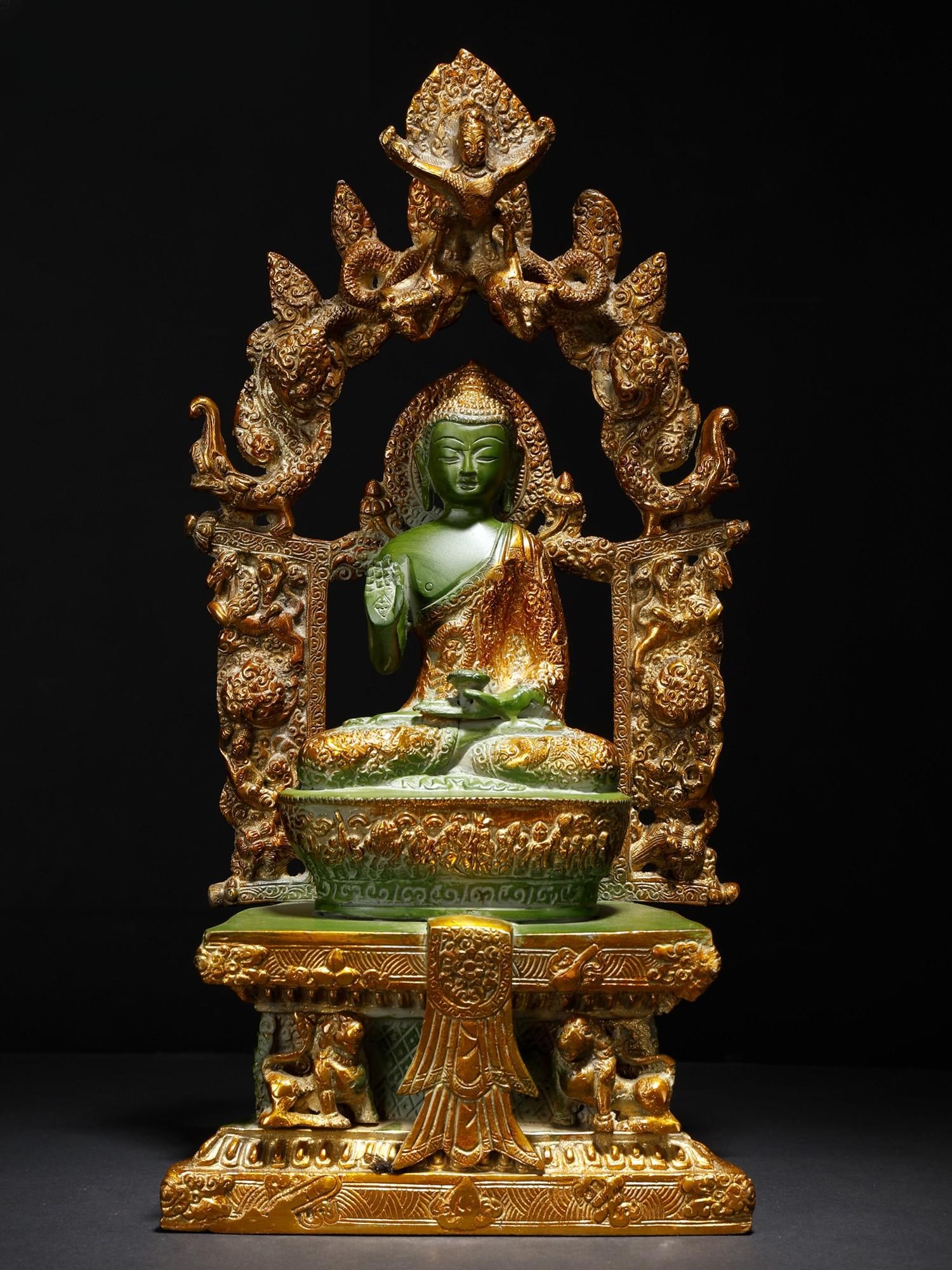 15" Lord Buddha in Abhaya Mudra Seated on Ornamented Throne /Brass Statue: Description: --- Additional Information: itemcode: DDM432 Reserve: $347.00 Shipping: Domestic: Shipping rates are determined by destination International: Foreign shipping rates are determined by