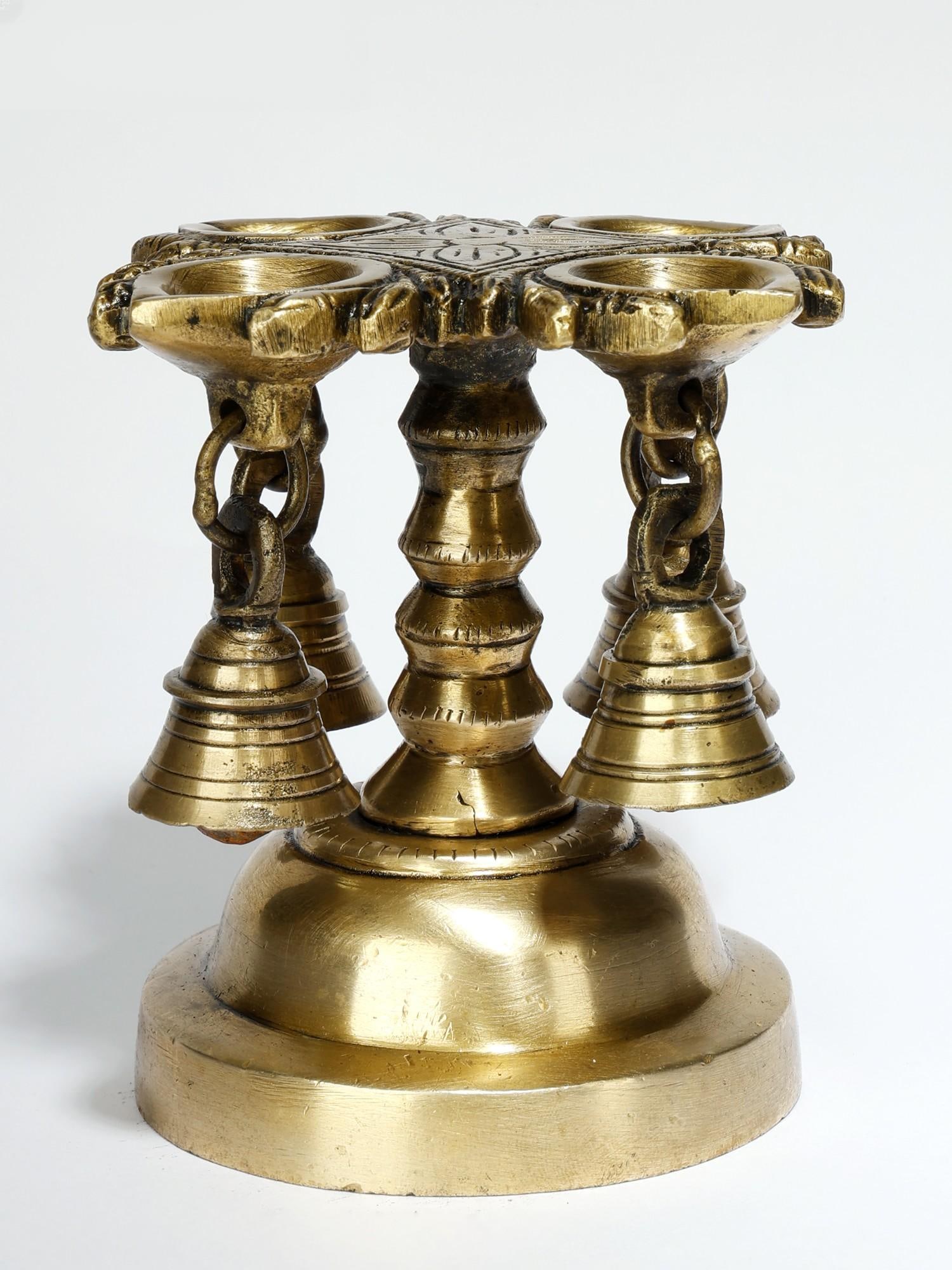 4" Designer Brass Four Wicks Lamp with Bells - 2