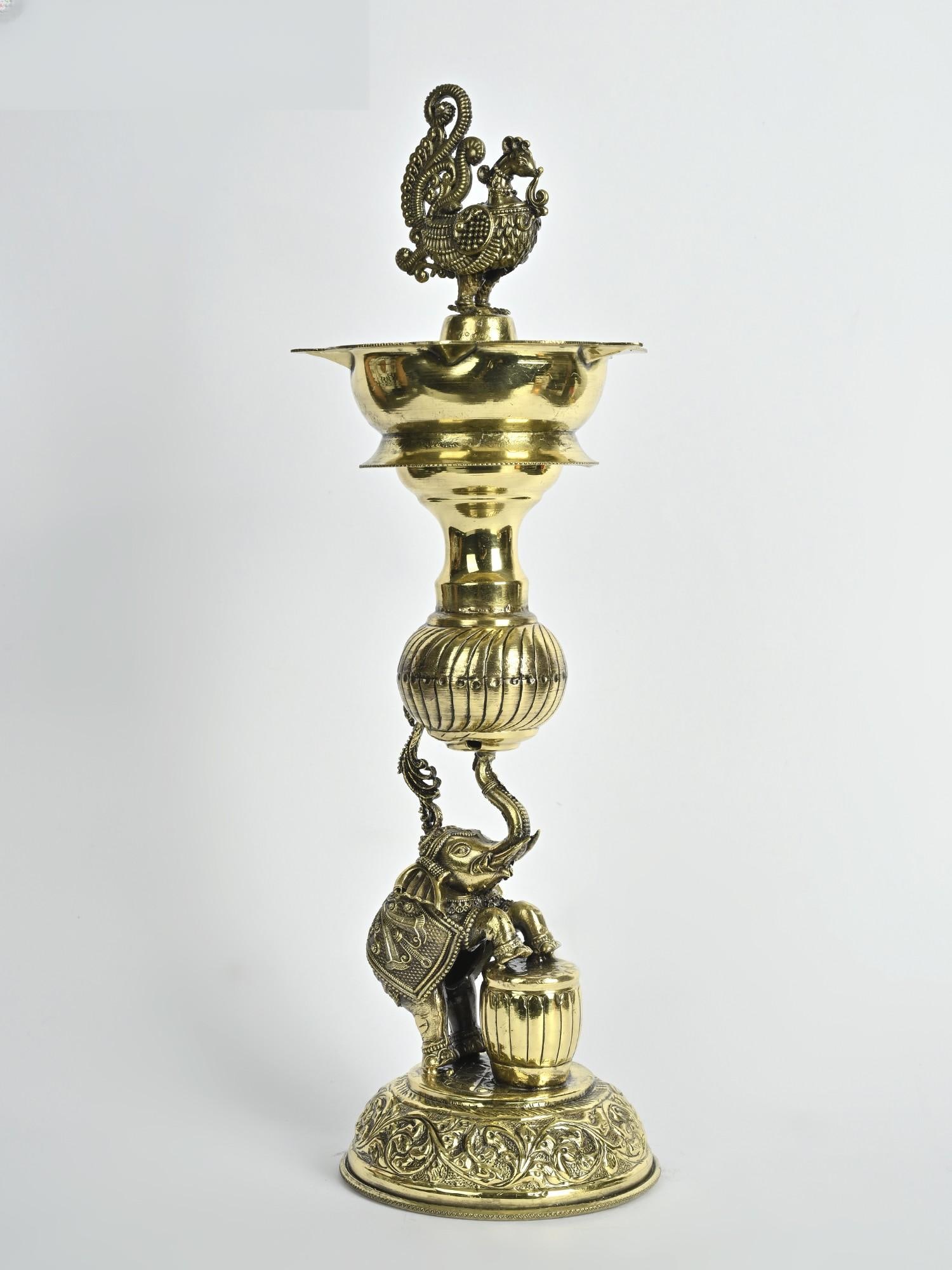 12" Superfine Elephant Design Peacock Lamp in Brass - 2