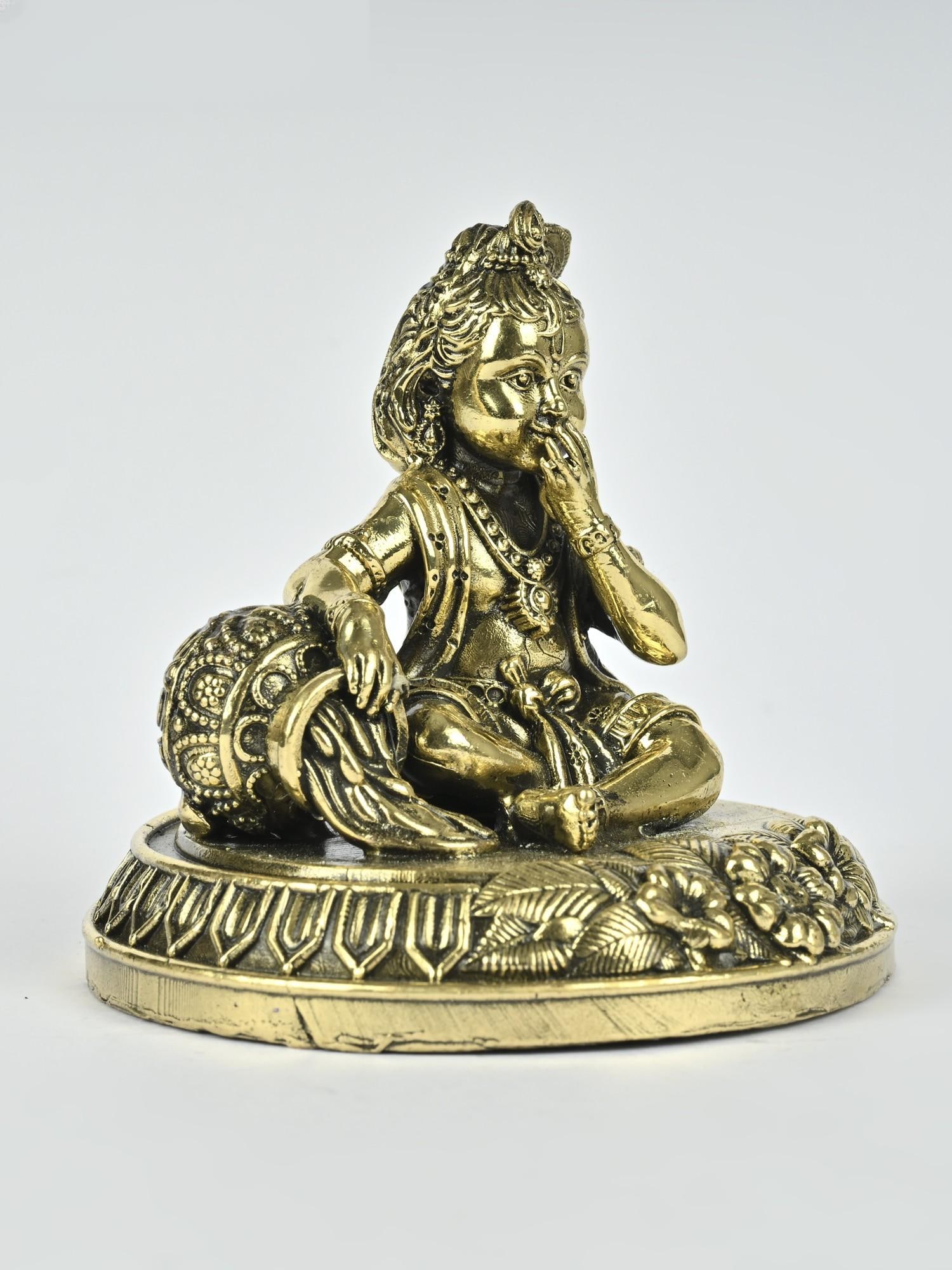 3" Small Superfine Butter Krishna Brass Statue - 2