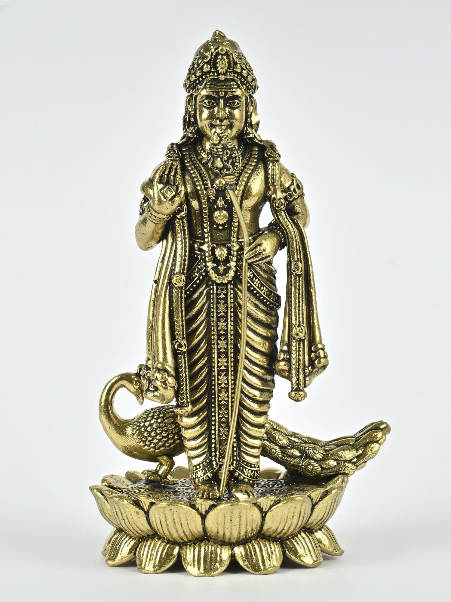 Small Superfine Standing Lord Karttikeya Brass Statue with Peacock /Multiple Sizes: Description: The Senanayaka (commander-in-chief) of Indra’s divine army, Lord Karttikeya infuses this superb brass icon with his guarding presence. An example of the skills and devotion of the