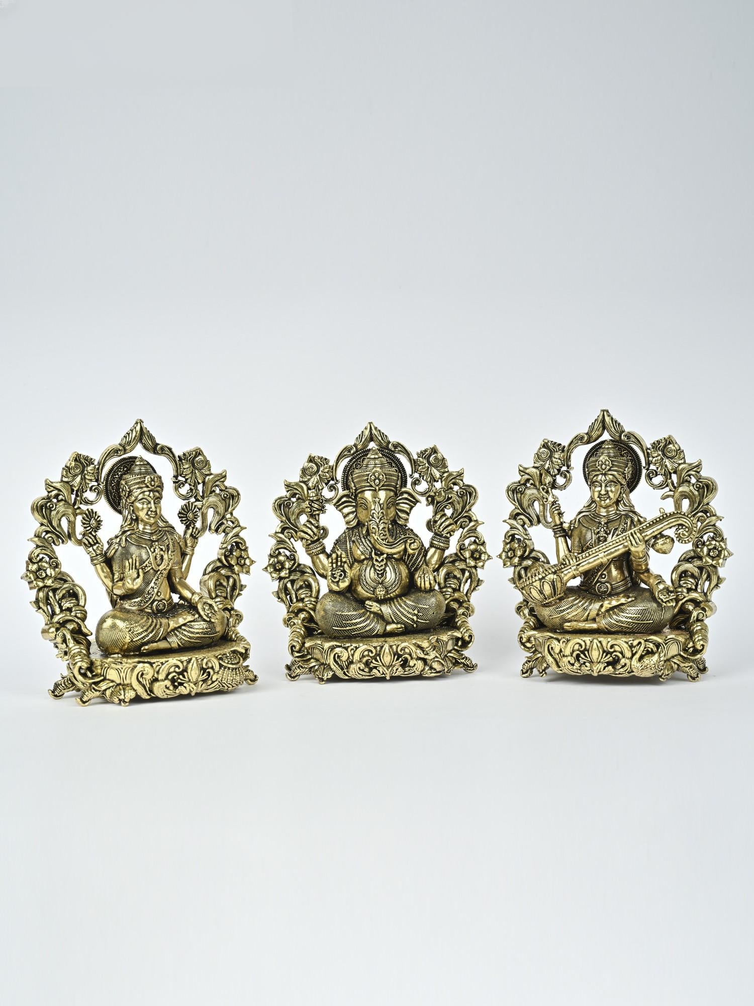 4" Small Superfine Lakshmi Ganesha Saraswati Brass Statues with Floral Prabhavali - 2