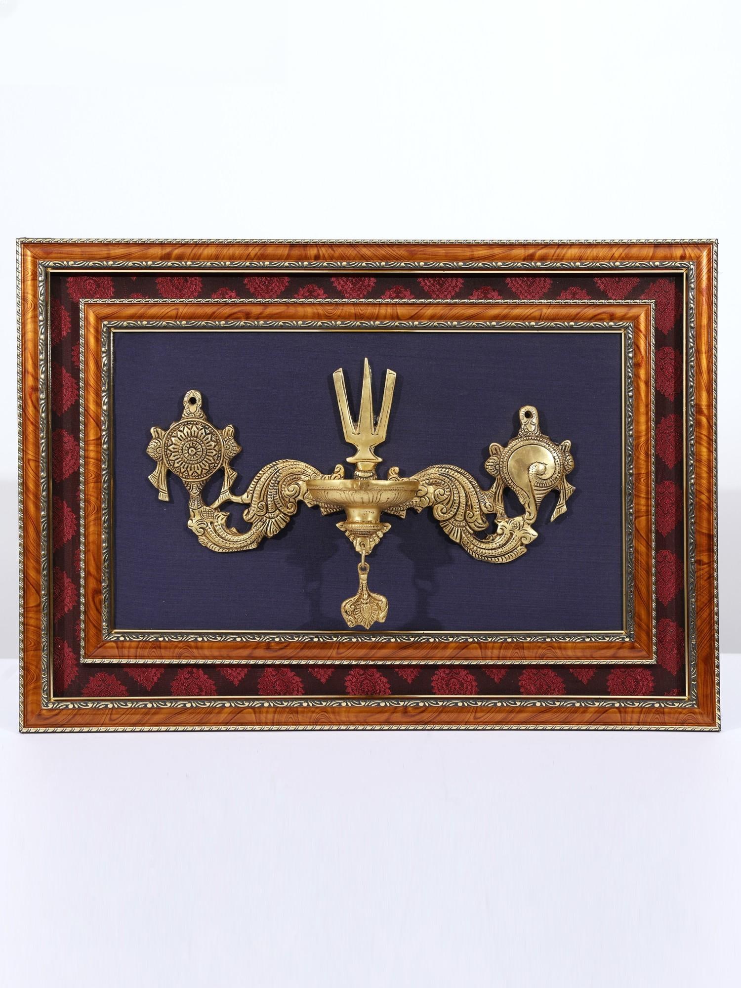 20" Lamp with Vaishnava Symbols (Shankh, Chakra and Tilak) /Wood Framed Brass Sculpture: Description: --- Additional Information: itemcode: DDM651 Reserve: $207.00 Shipping: Domestic: Shipping rates are determined by destination International: Foreign shipping rates are determined by