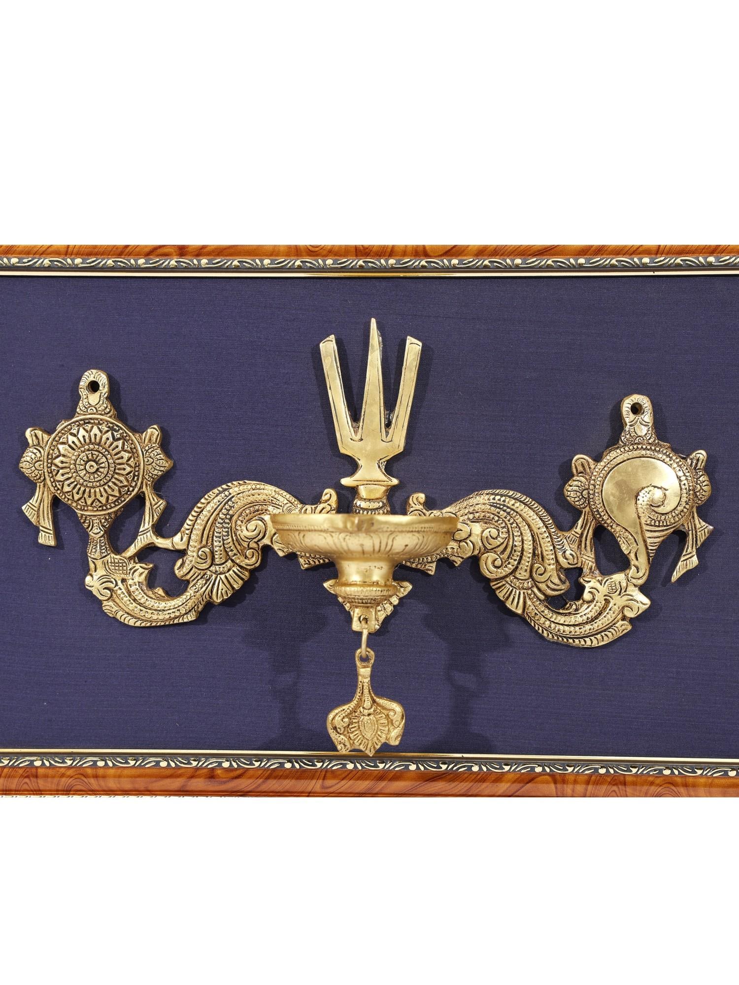 20" Lamp with Vaishnava Symbols (Shankh, Chakra and Tilak) /Wood Framed Brass Sculpture - 2
