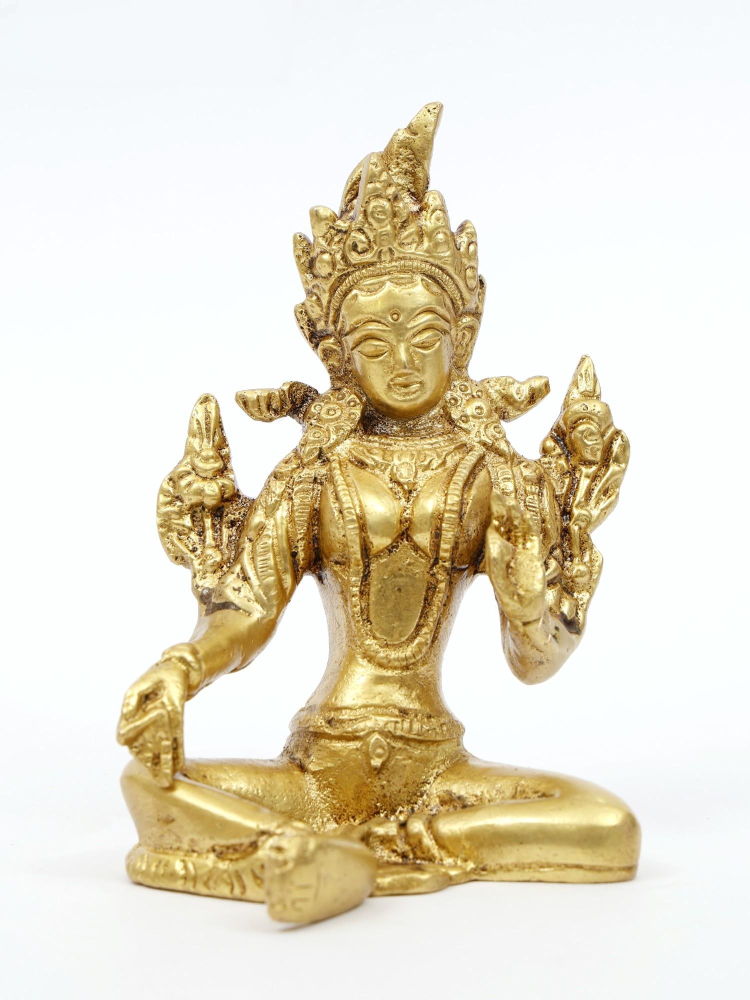 4" Tibetan Buddhist Goddess Green Tara Brass Statue: Description: Depicting the revered goddess known for her compassion and swift protection, this statue showcases intricate detailing and vibrant colors that bring her essence to life. Made from