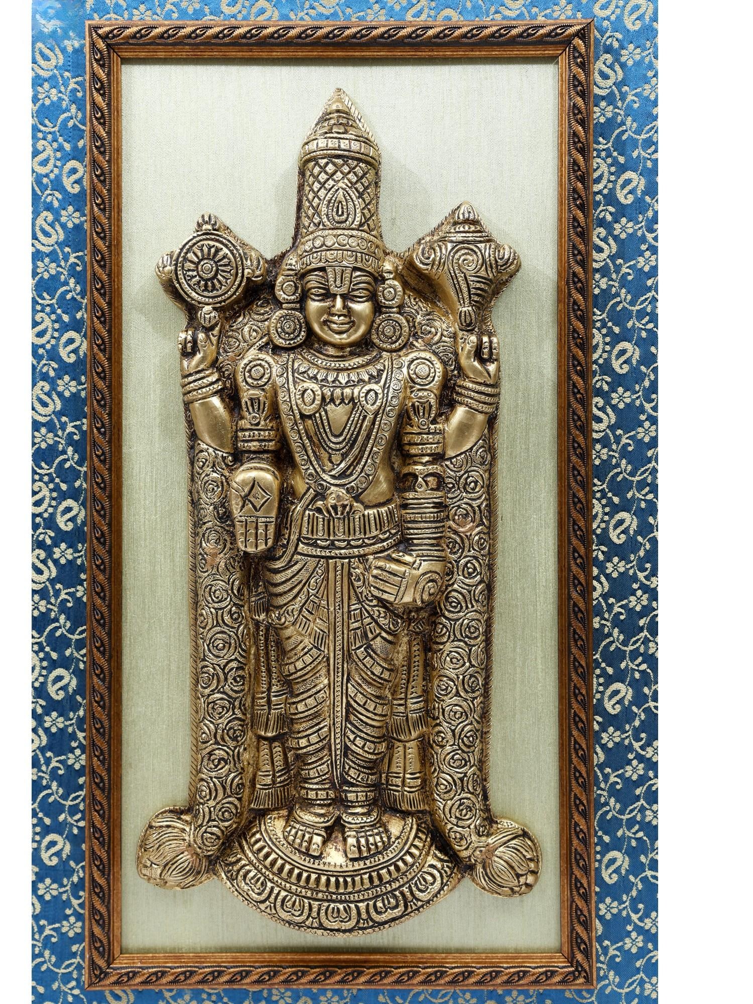 21" Tirupati Balaji (Venkateshvara) /Wood Framed Brass Sculpture /Wall Hanging Decor - 2