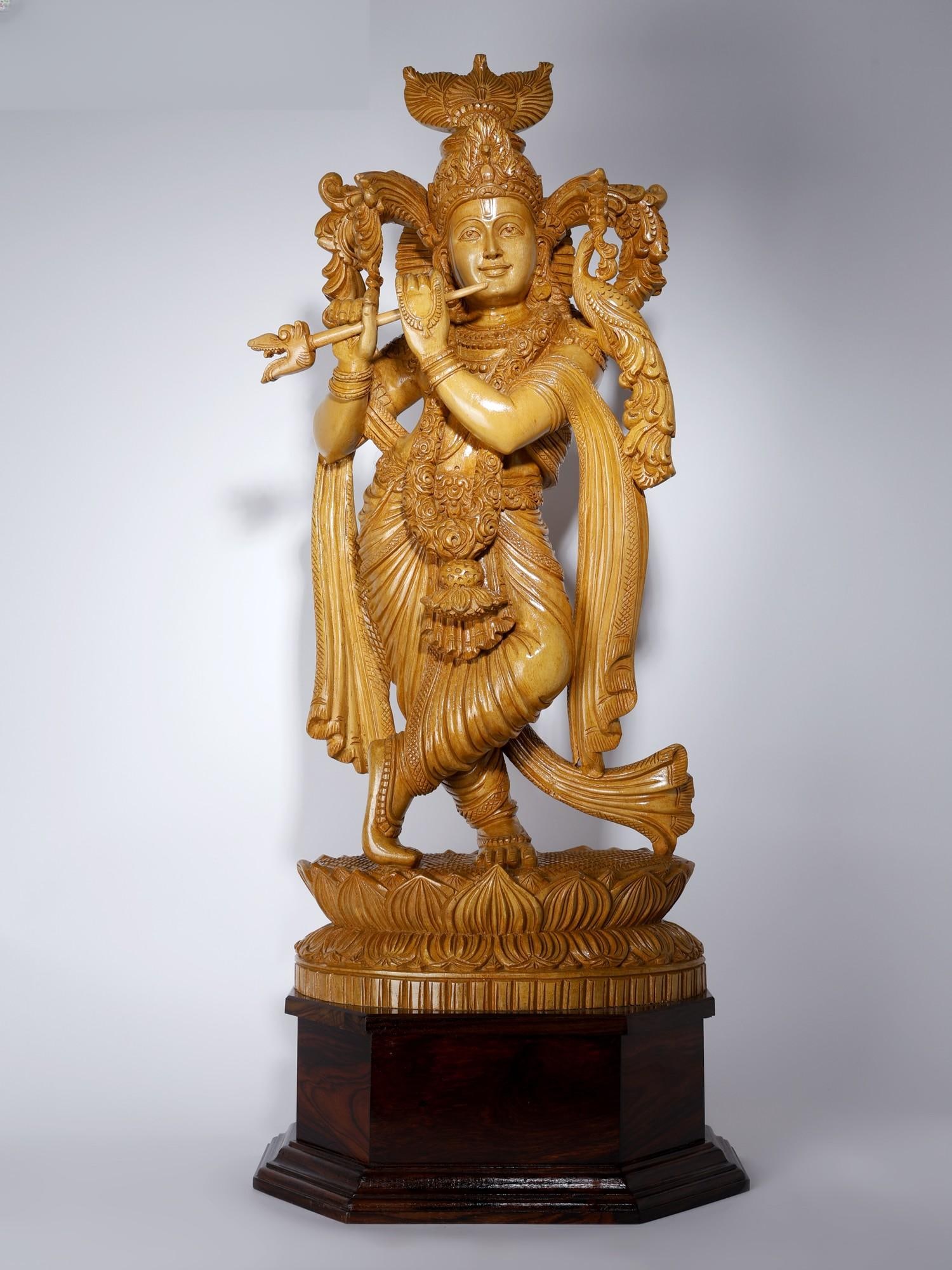 34" Large Lord Krishna Standing on Lotus Playing Flute /Wood Carved Statue (1 of 2)