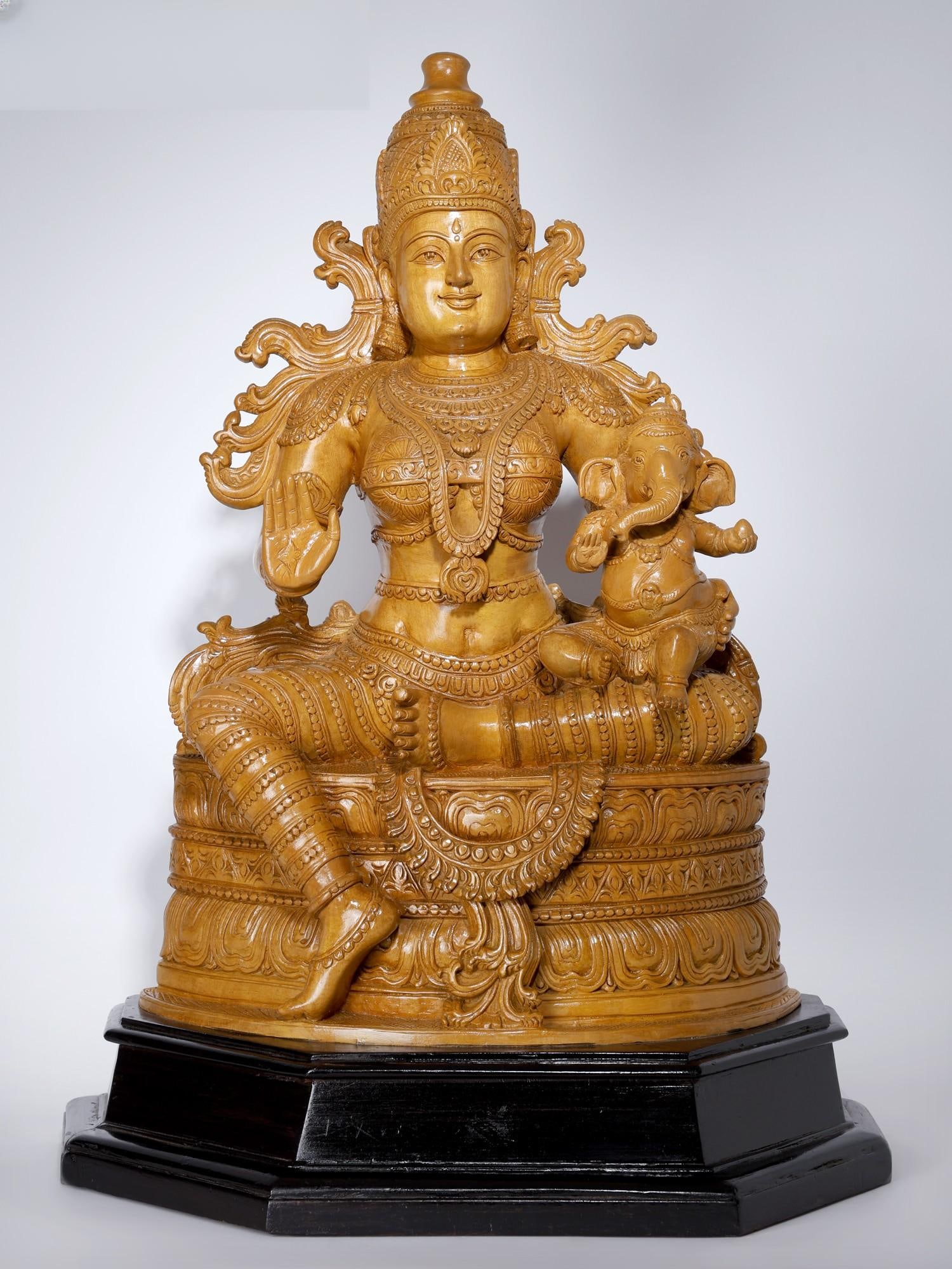 26" Gauri-Ganesha : Parvati with Bal Ganesha Wood Carved Statue (1 of 2)