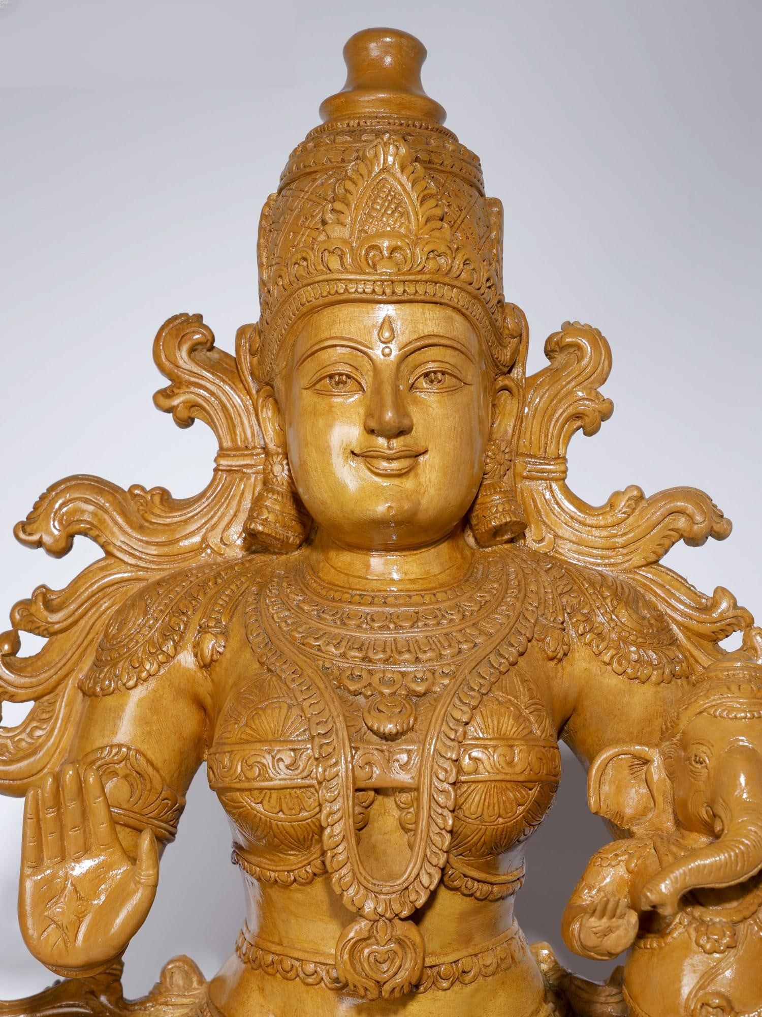 26" Gauri-Ganesha : Parvati with Bal Ganesha Wood Carved Statue - 2