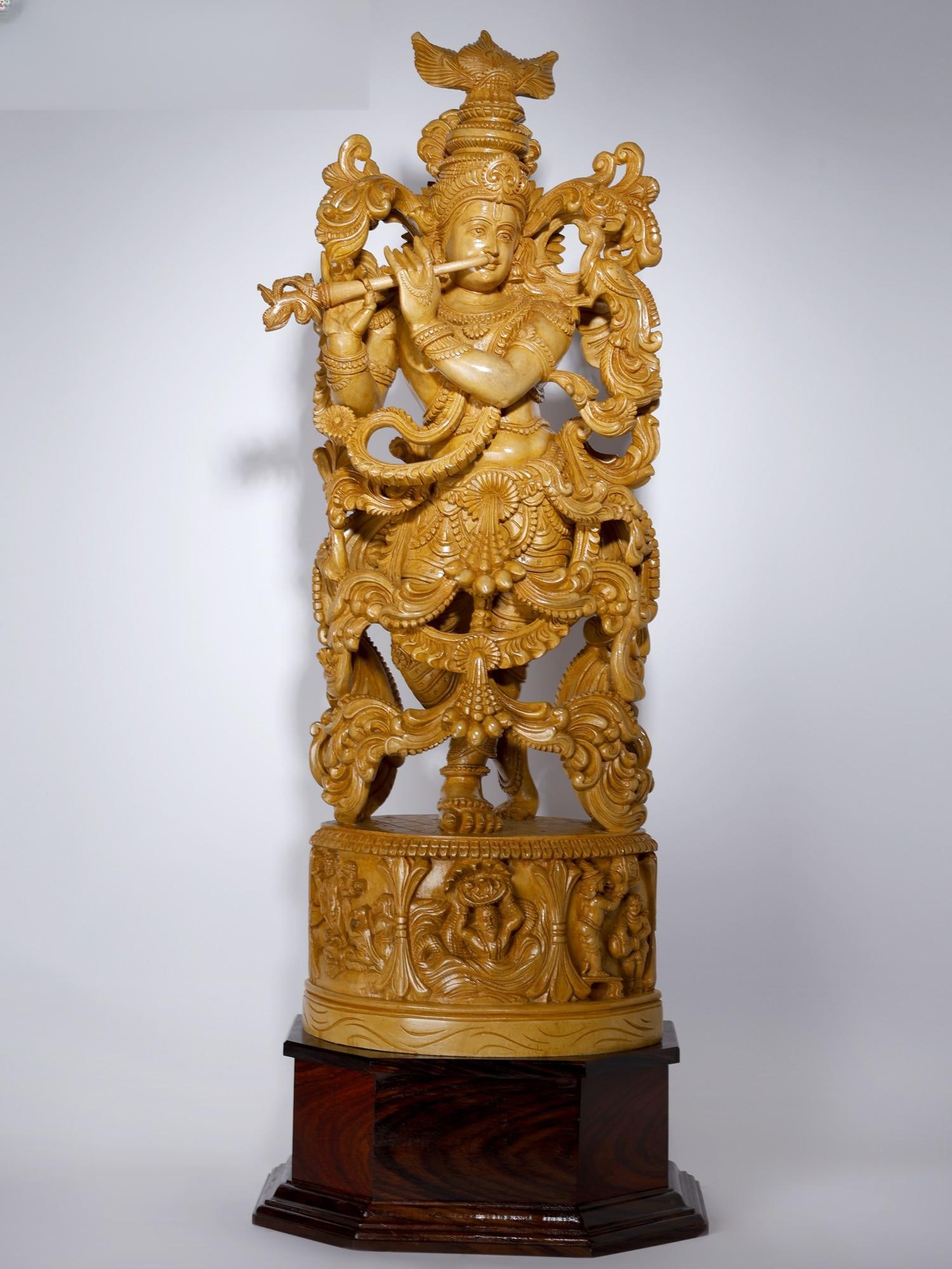 37" Large Fluting Lord Krishna with Episodes of His Life Story on Base /Wood Carved Statue: Description: --- Additional Information: itemcode: DDM741 Reserve: $1,464.00 Shipping: Domestic: Shipping rates are determined by destination International: Foreign shipping rates are determined by de
