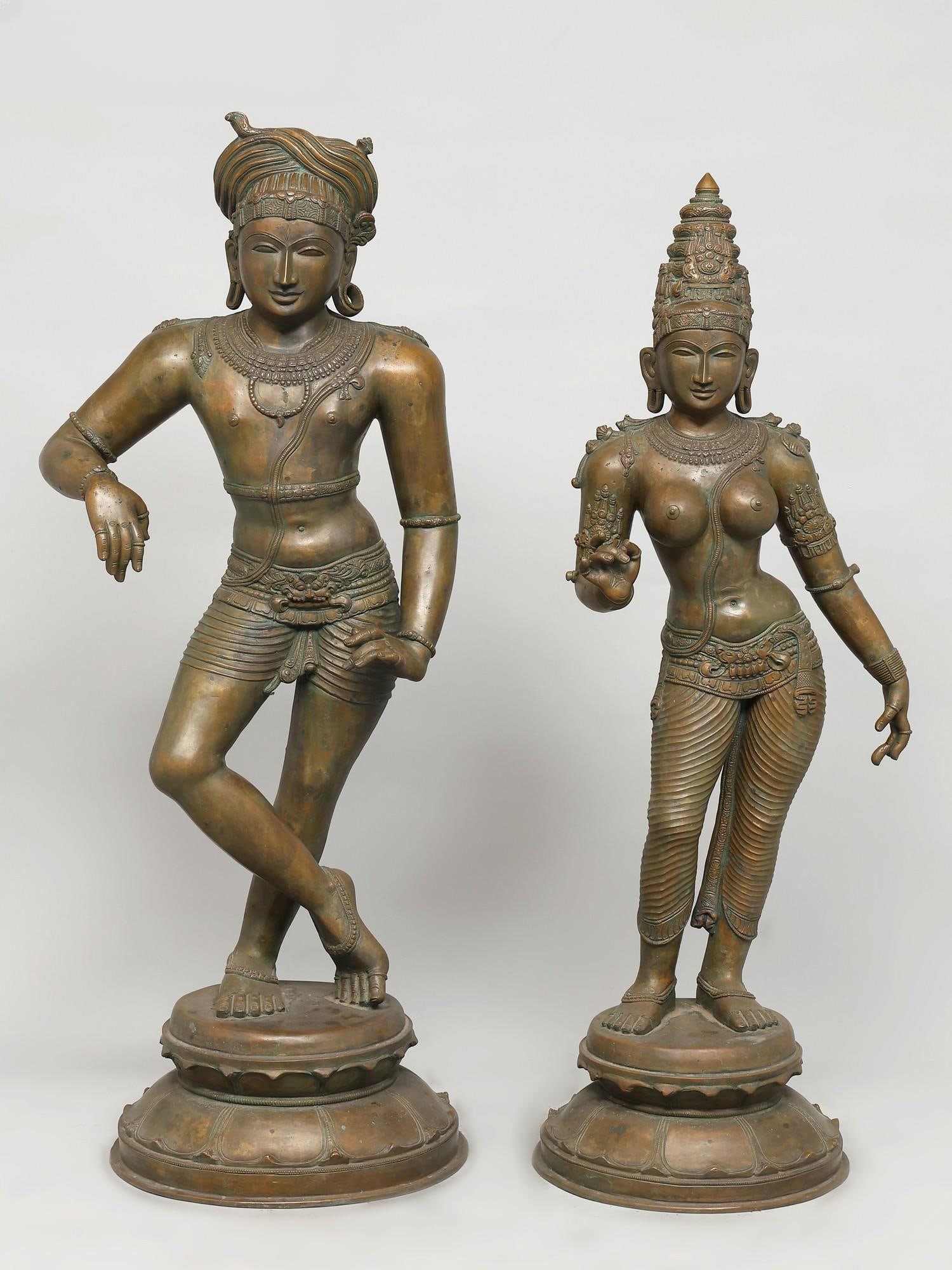 37" Large Vrishavahana Shiva with Parvati /Set of Two /Madhuchista Vidhana (Lost-Wax) /Panchaloha: Description: Vrishavahana Shiva : 37.5 inch Height X 16 inch Width X 12 inch Length Parvati : 35.5 inch Height X 16 inch Width X 10.5 inch Length Additional Information: itemcode: DDM818 Reserve: $12,