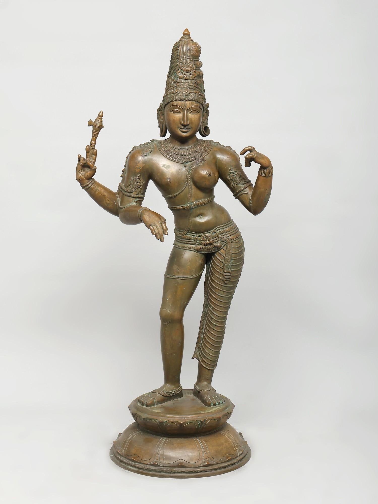 40" Large Ardhanarishvara (Shiva-Shakti) /Madhuchista Vidhana (Lost-Wax) /Panchaloha Bronze from: Description: Ardhanarishvara, an idealized representation of the essence of the universe, is the culmination of the union of the supreme male and female forces, Purusha and Prakriti. Using typical Cho