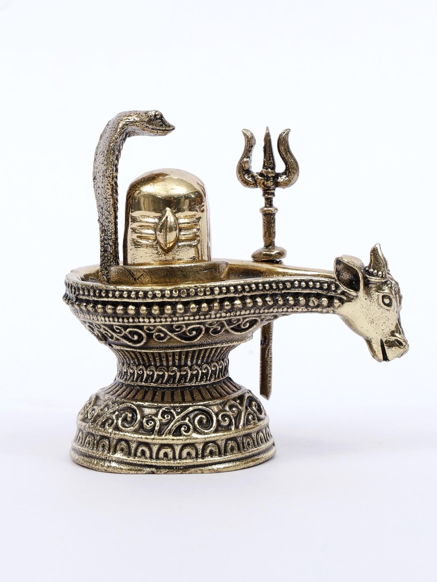 2" Small Brass Nandi Mukh Shivalinga with Protecting Naag and Trishul - 2