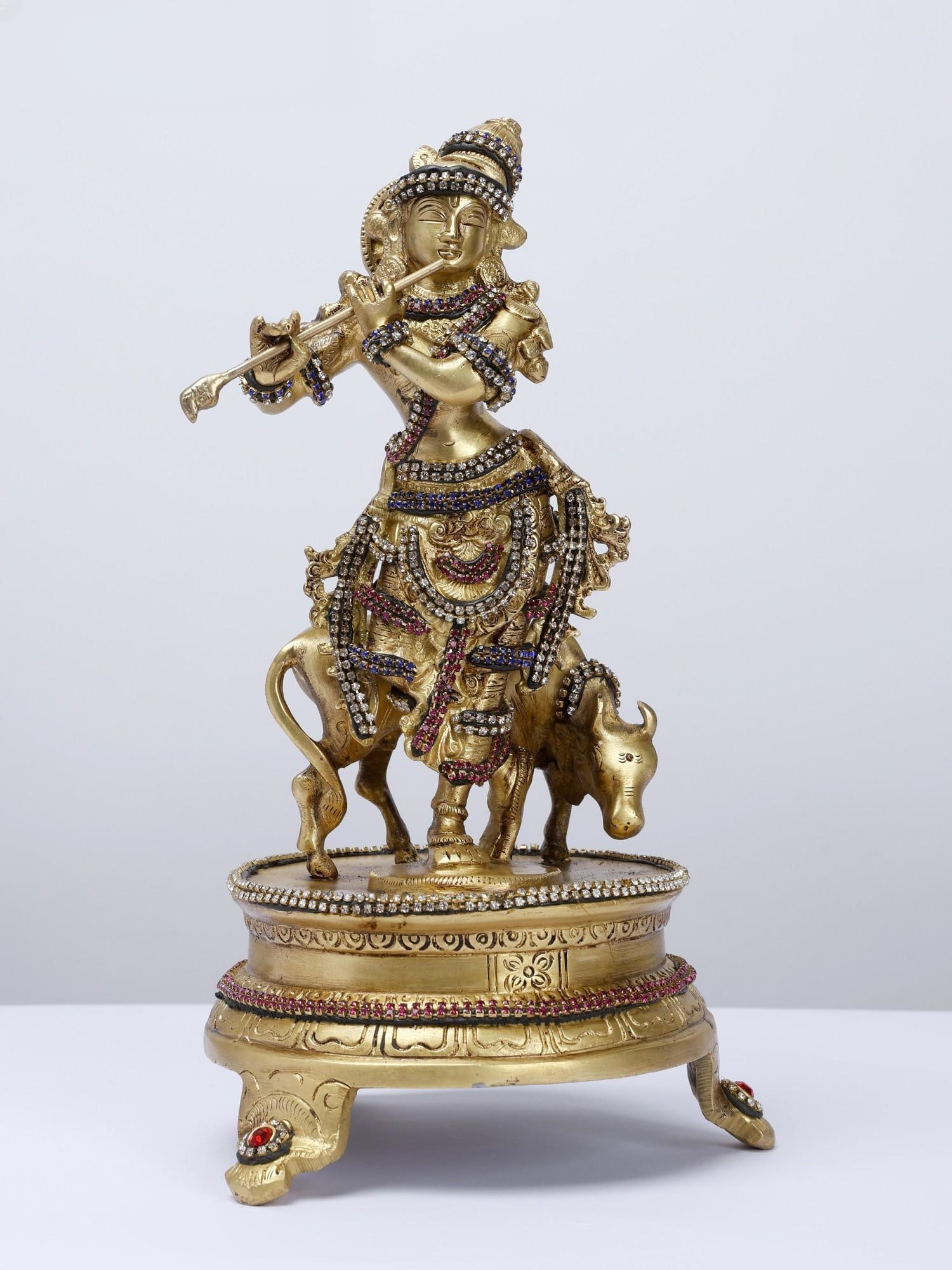 10" Cow Krishna /Brass Statue with Stone Work (1 of 2)