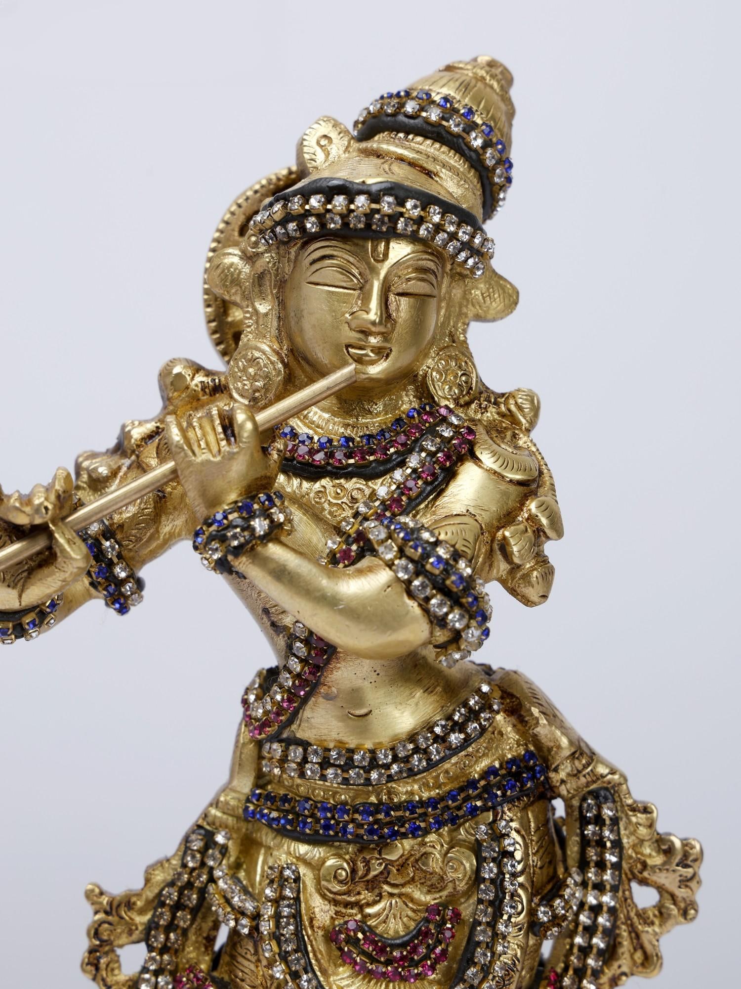 10" Cow Krishna /Brass Statue with Stone Work - 2