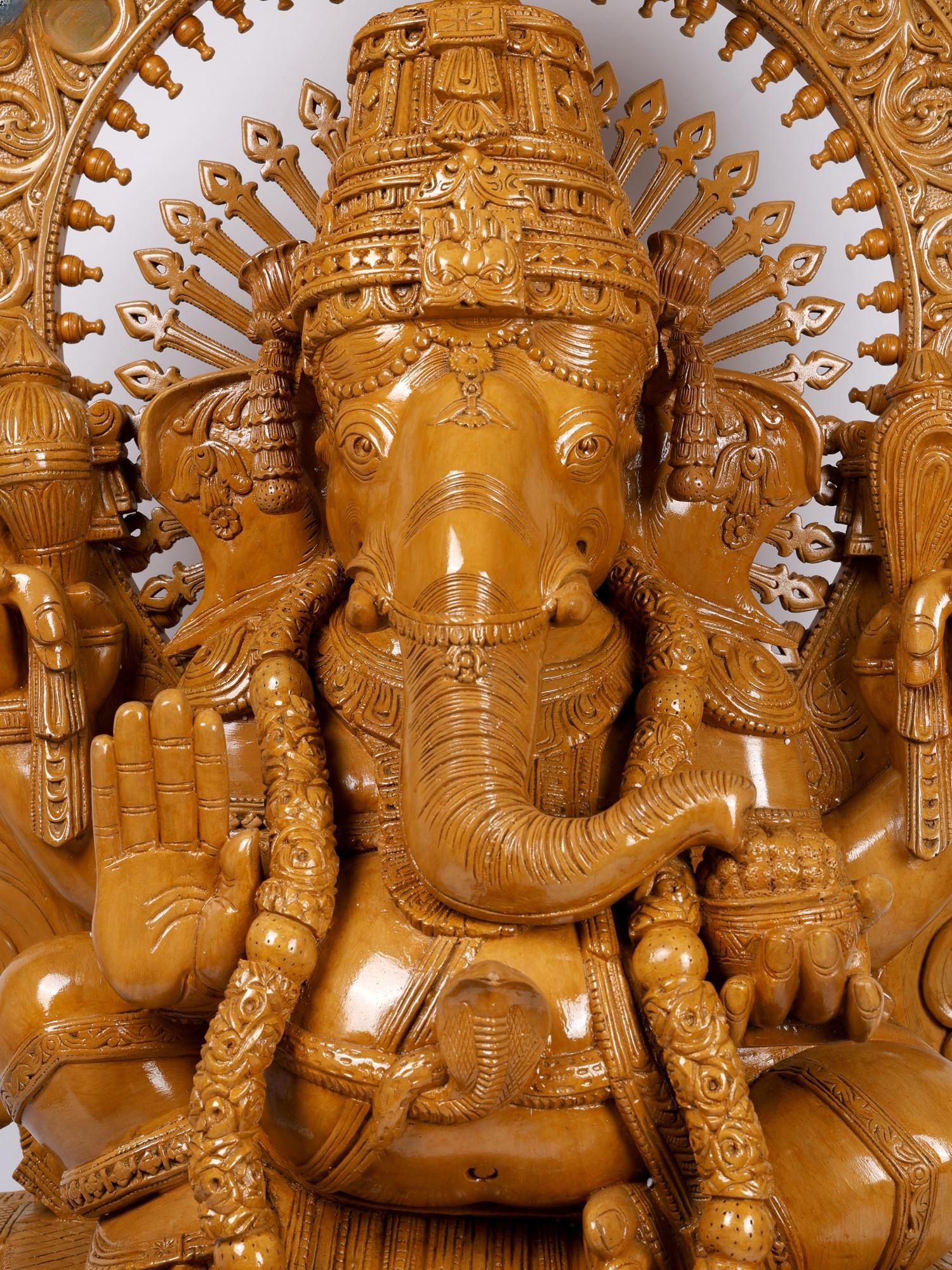 58" Large Blessing Lord Ganesha with Kirtimukha Prabhavali /Wood Carved Statue - 2