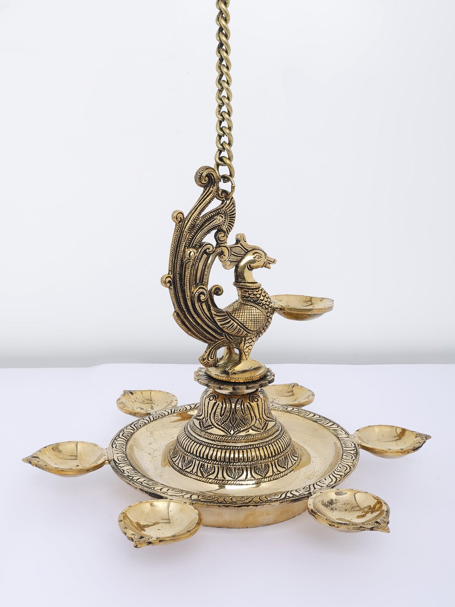 14" Seven Wicks Wall Hanging Peacock Lamp in Brass - 2
