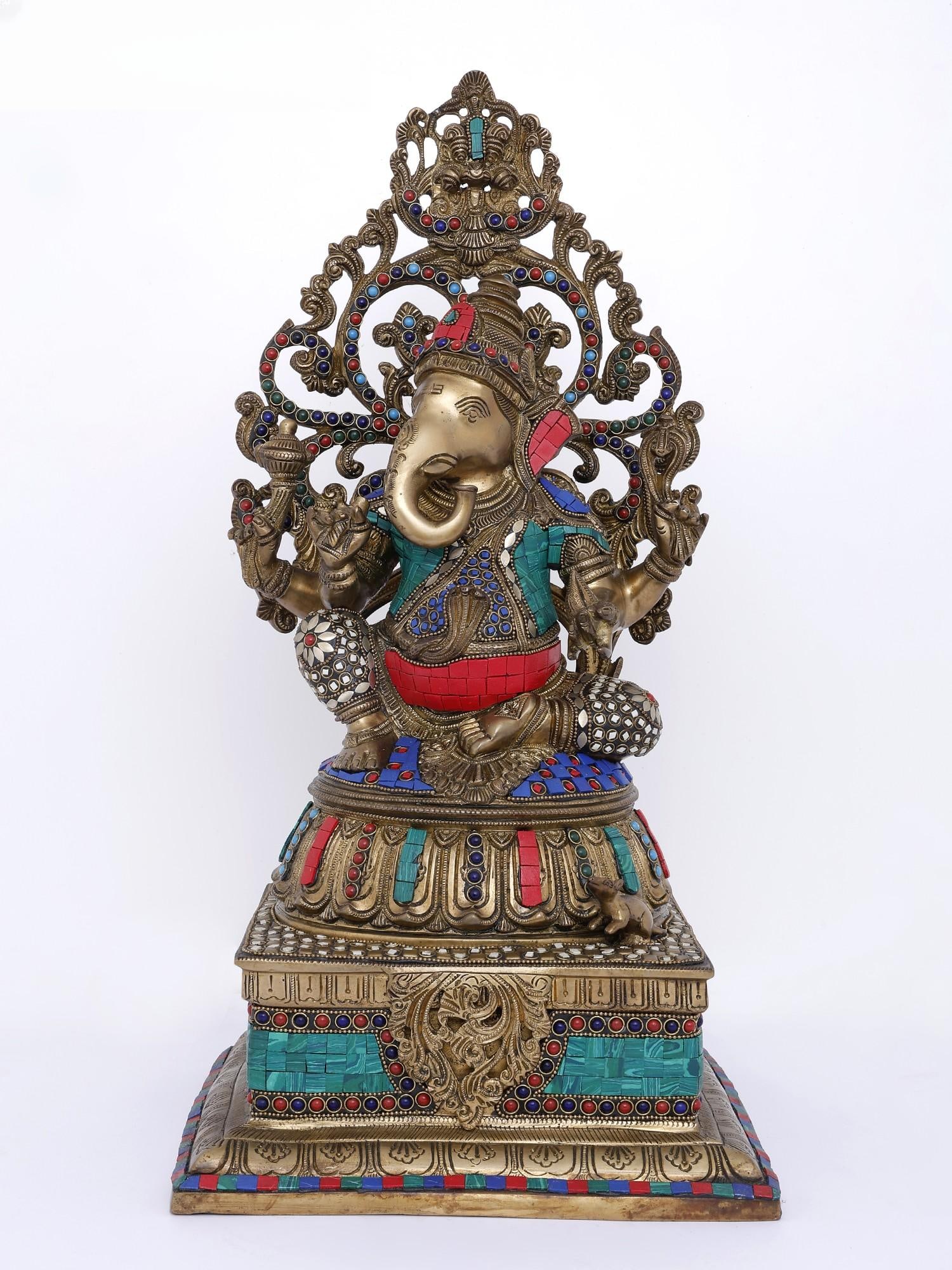 20" Lord Ganesha Seated on High Pedestal with Kirtimukha /Brass Statue with Inlay Work: Description: --- Additional Information: itemcode: DDN075 Reserve: $1,159.00 Shipping: Domestic: Shipping rates are determined by destination International: Foreign shipping rates are determined by