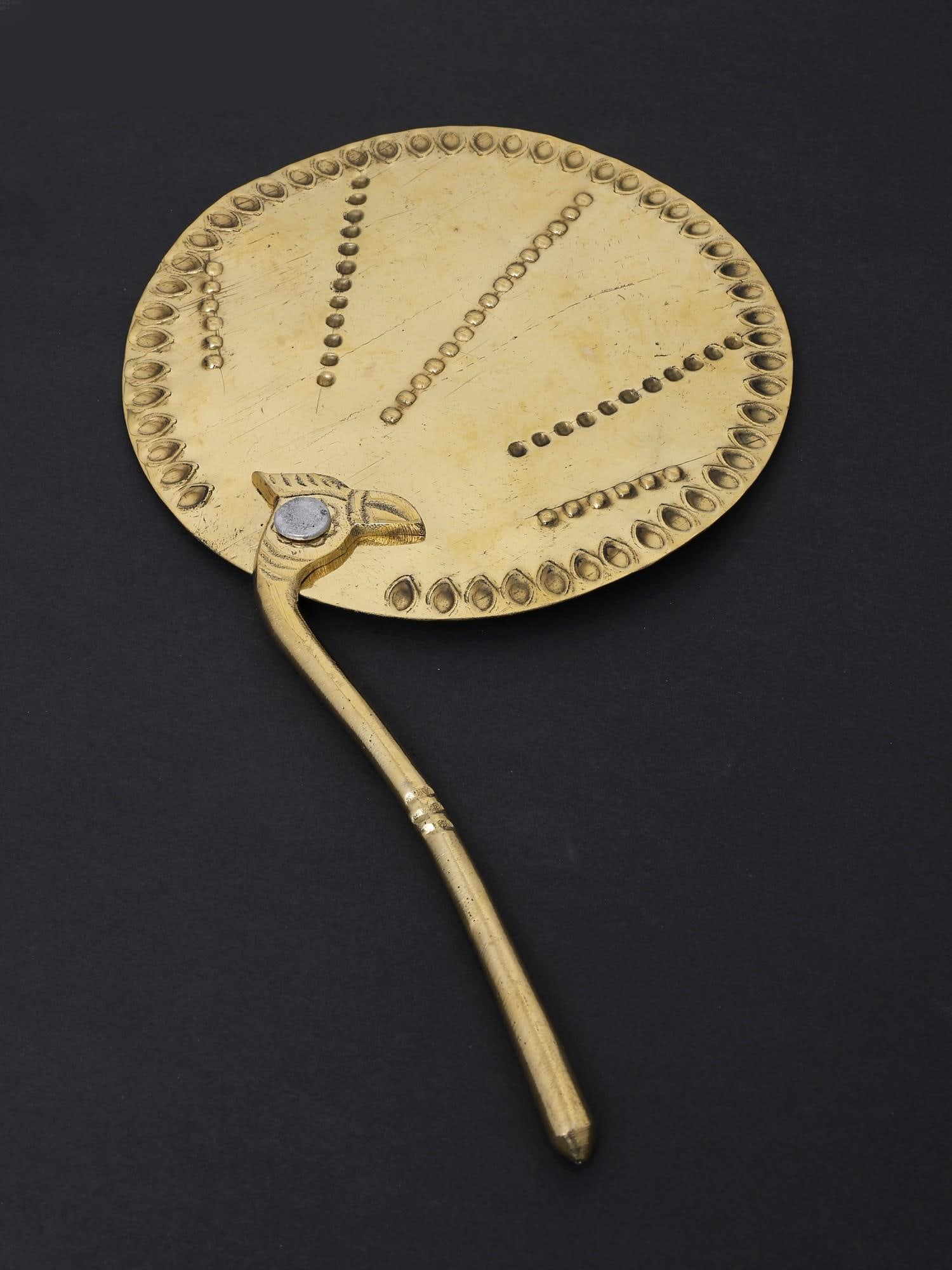 11" Shodasa Upachara Hand Fan in Brass: Description: --- Additional Information: itemcode: DDN078 Reserve: $62.00 Shipping: Domestic: Shipping rates are determined by destination International: Foreign shipping rates are determined by