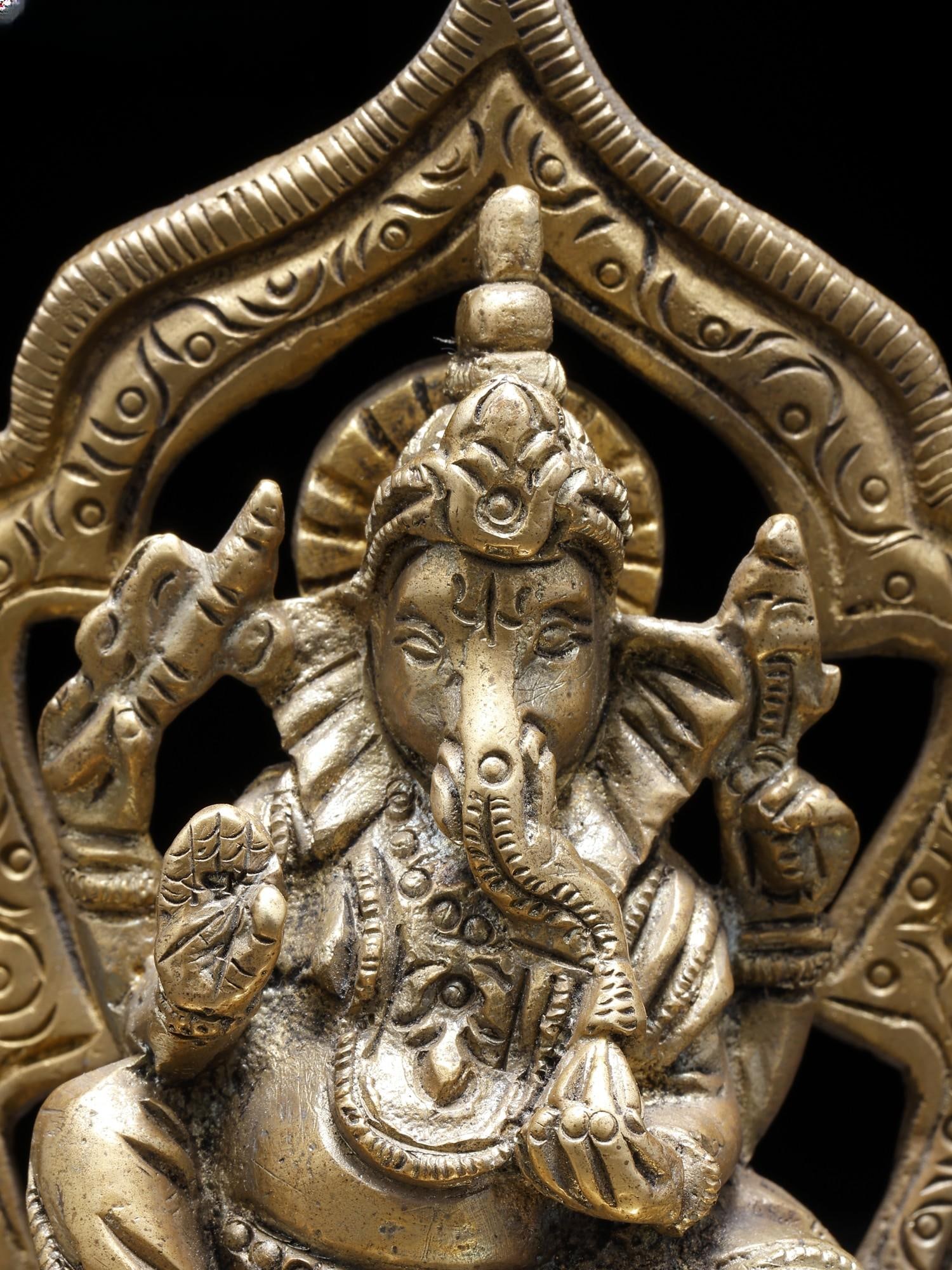 Blessing Lord Ganesha Seated on Throne /Small Brass Statue - 2