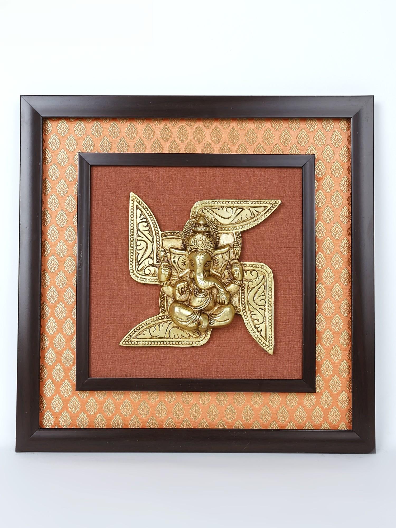 16" Swastik Ganesha /Wood Framed Brass Sculpture /Wall Hanging (1 of 2)
