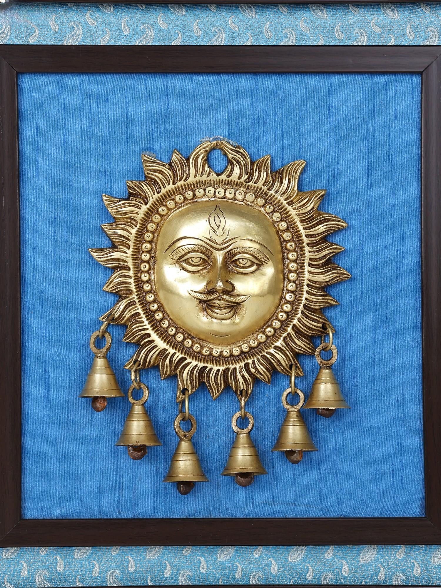 15" Lord Surya with Dangling Bells in Brass /Wood Framed Brass Sculpture /Wall Hanging Decor - 2