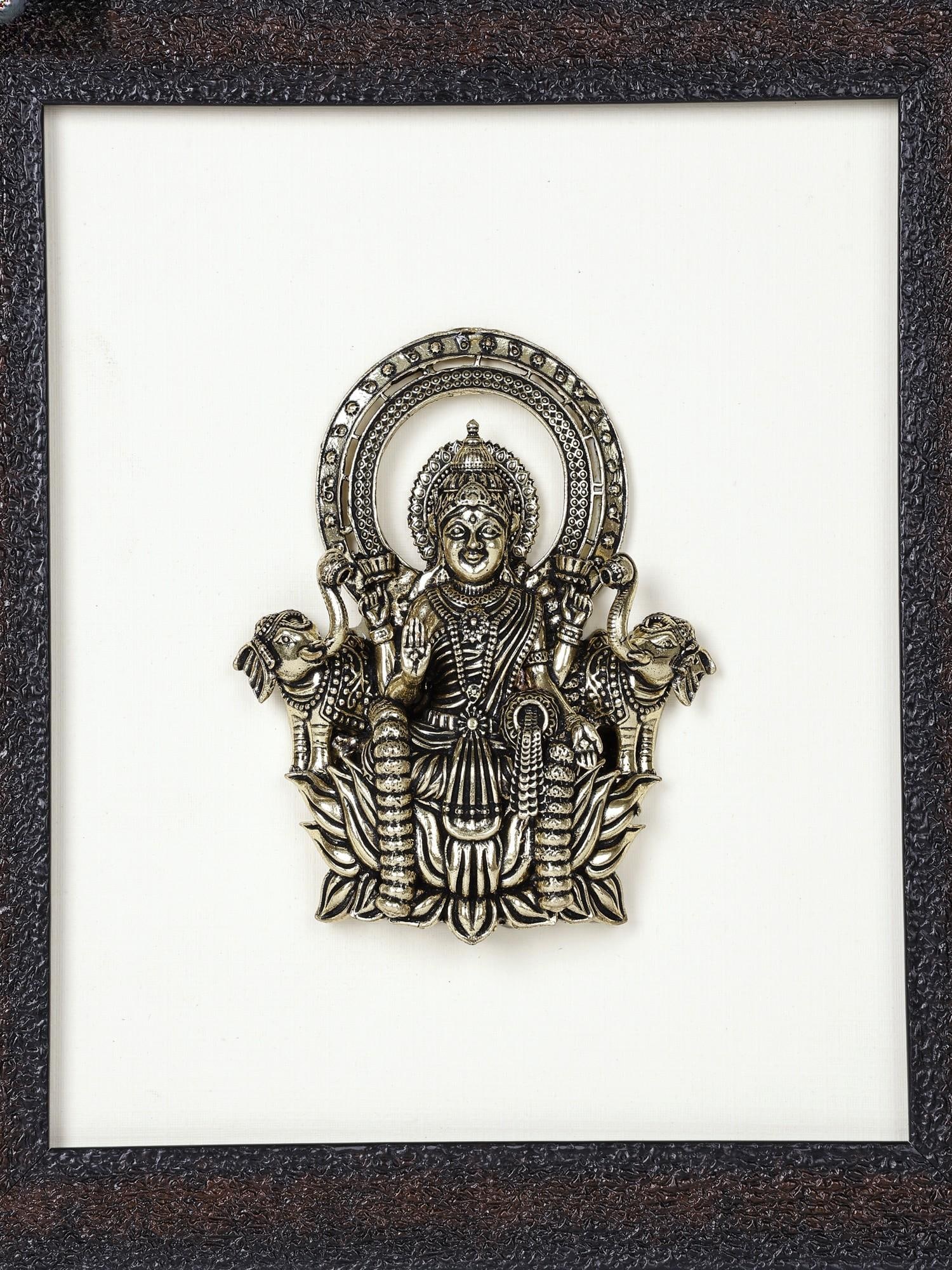 9" Superfine Goddess Gajalakshmi Wood Framed Brass Sculpture /Wall Hanging Statue - 2