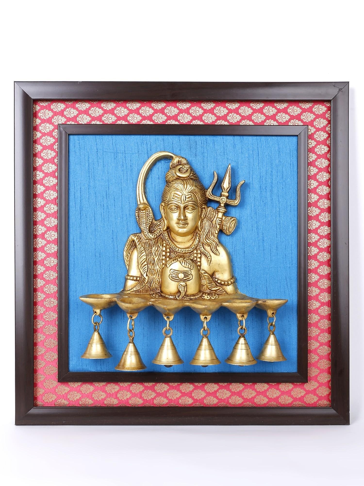 19" Lord Shiva Lamp with Bells /Wood Framed Brass Sculpture /Wall Hanging Decor (1 of 2)