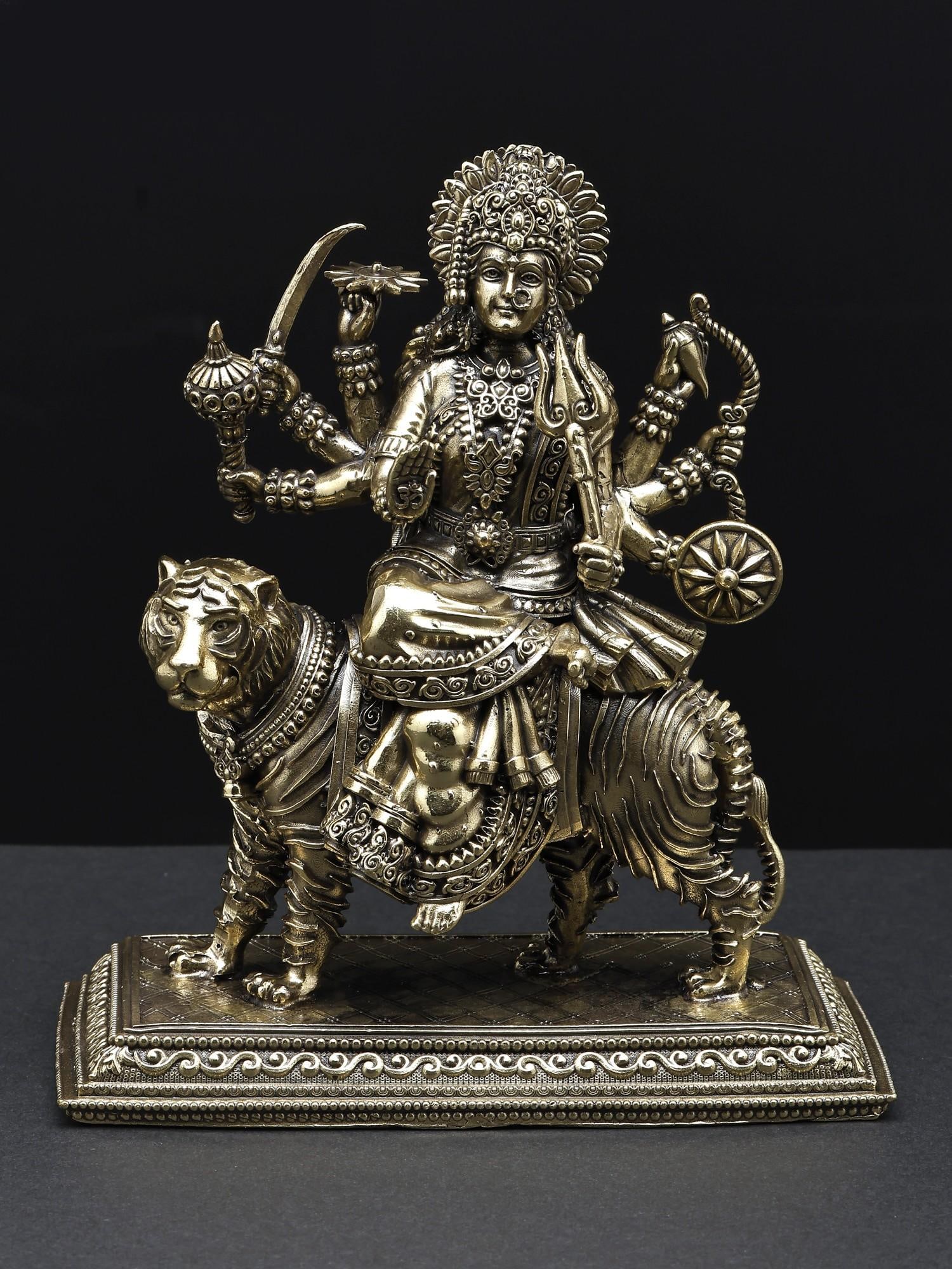 Small Superfine Eight-Armed Goddess Durga (Sherawali Maa) Seated on Lion /Brass Statue (1 of 2)