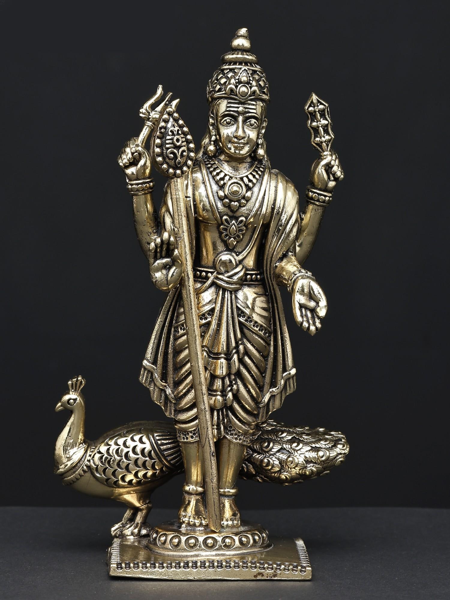 Superfine Four-Armed Standing Lord Murugan (Karttikeya) with Peacock /Small Brass Statue (1 of 2)