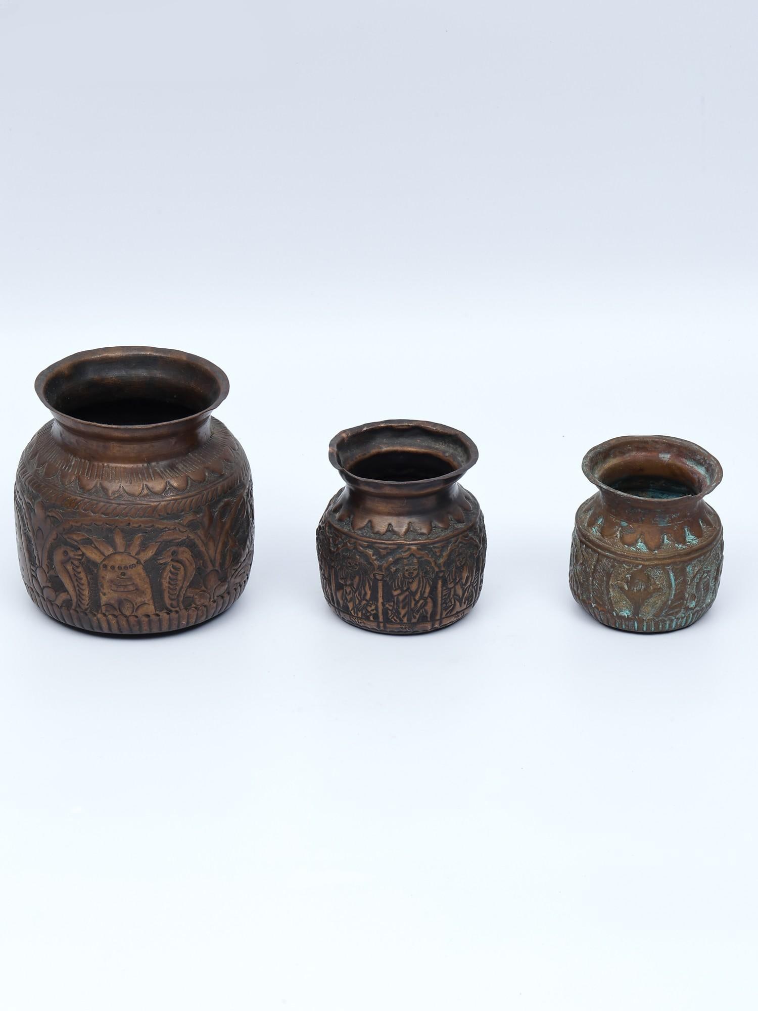 10" Set of Three Vintage Puja Kalash in Copper: Description: --- Additional Information: itemcode: DDN353 Reserve: $160.00 Shipping: Domestic: Shipping rates are determined by destination International: Foreign shipping rates are determined by