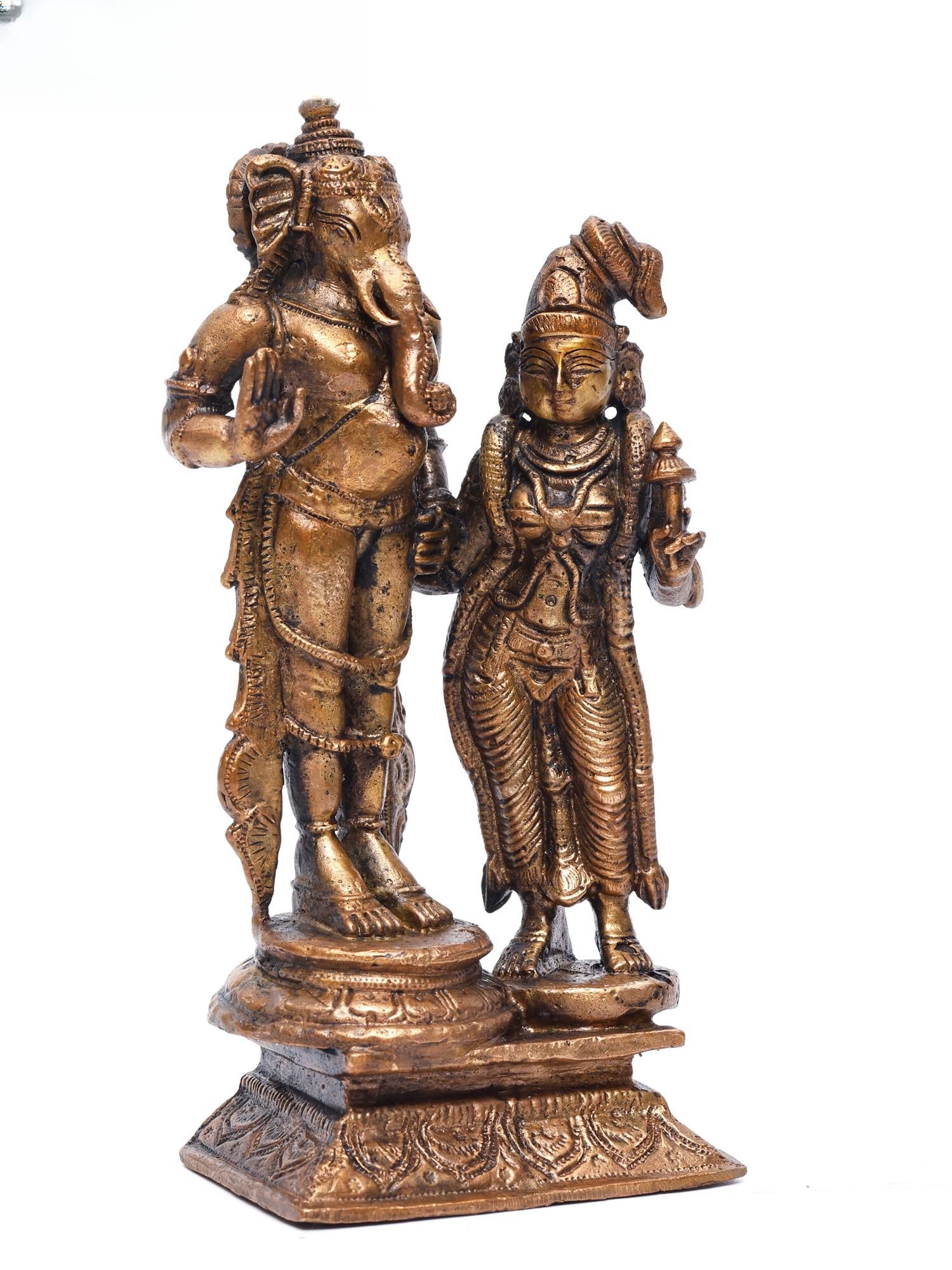 6" Small Standing Lord Ganesha with Devi Lakshmi /Copper Statue - 2