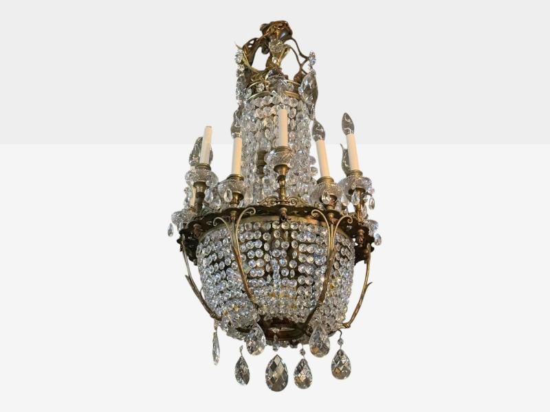 French Empire, Thirteen Light Basket Chandelier, Bronze, Crystal, France, 19th C - 4